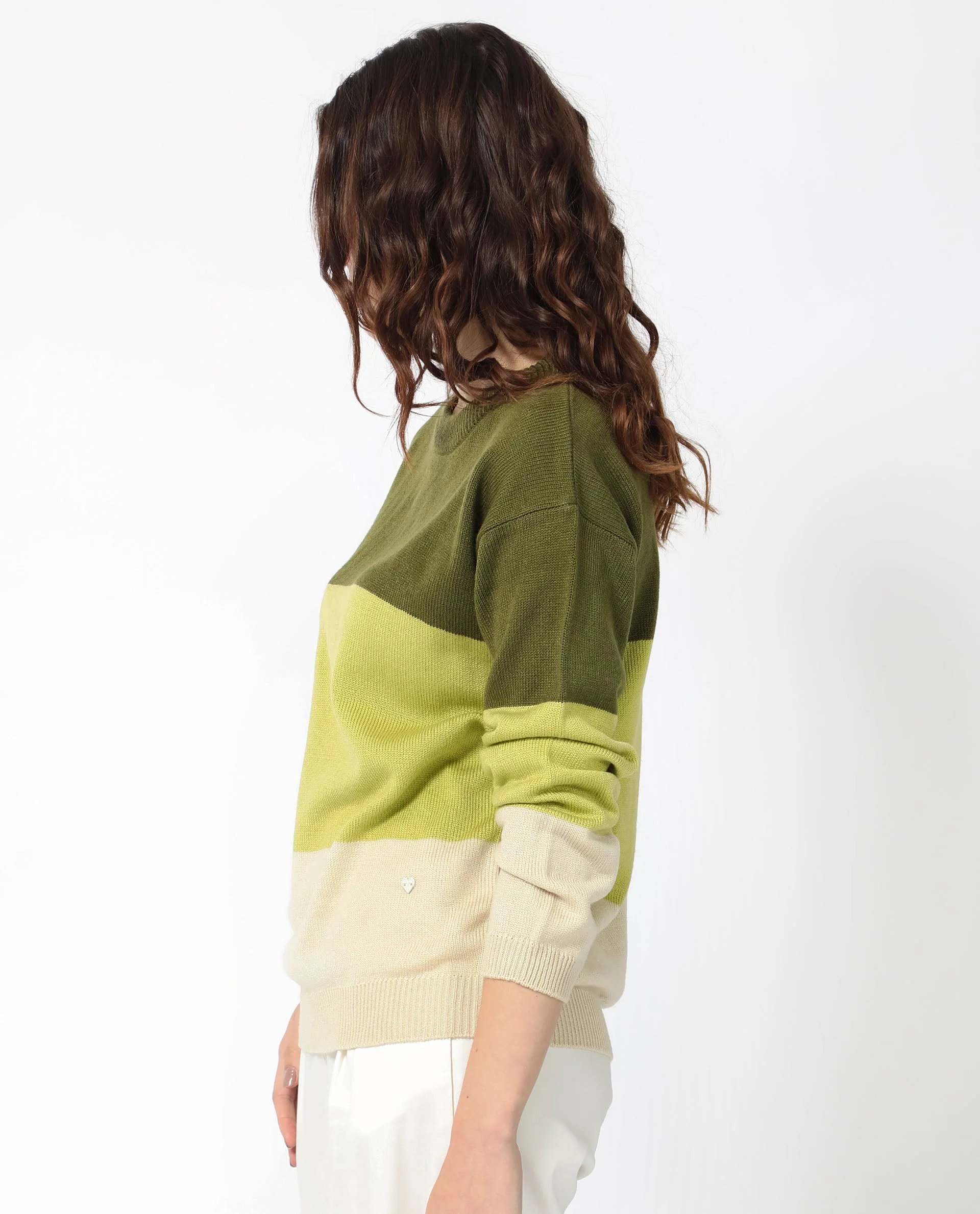 Rareism Women's Hampshire Olive Acrylic Crew Neck Color Block Relaxed Fit Sweater - Image 7