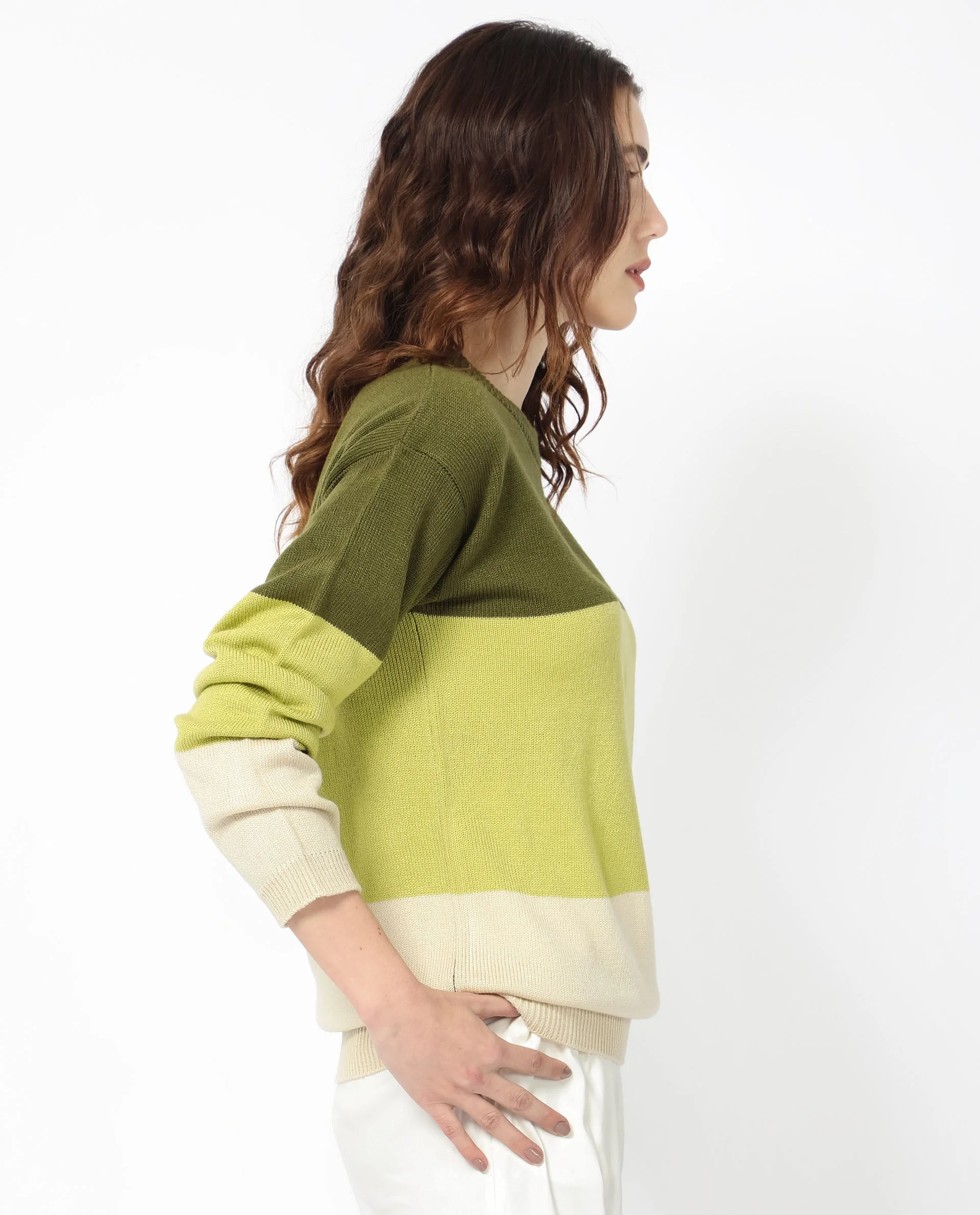 Rareism Women's Hampshire Olive Acrylic Crew Neck Color Block Relaxed Fit Sweater - Image 8