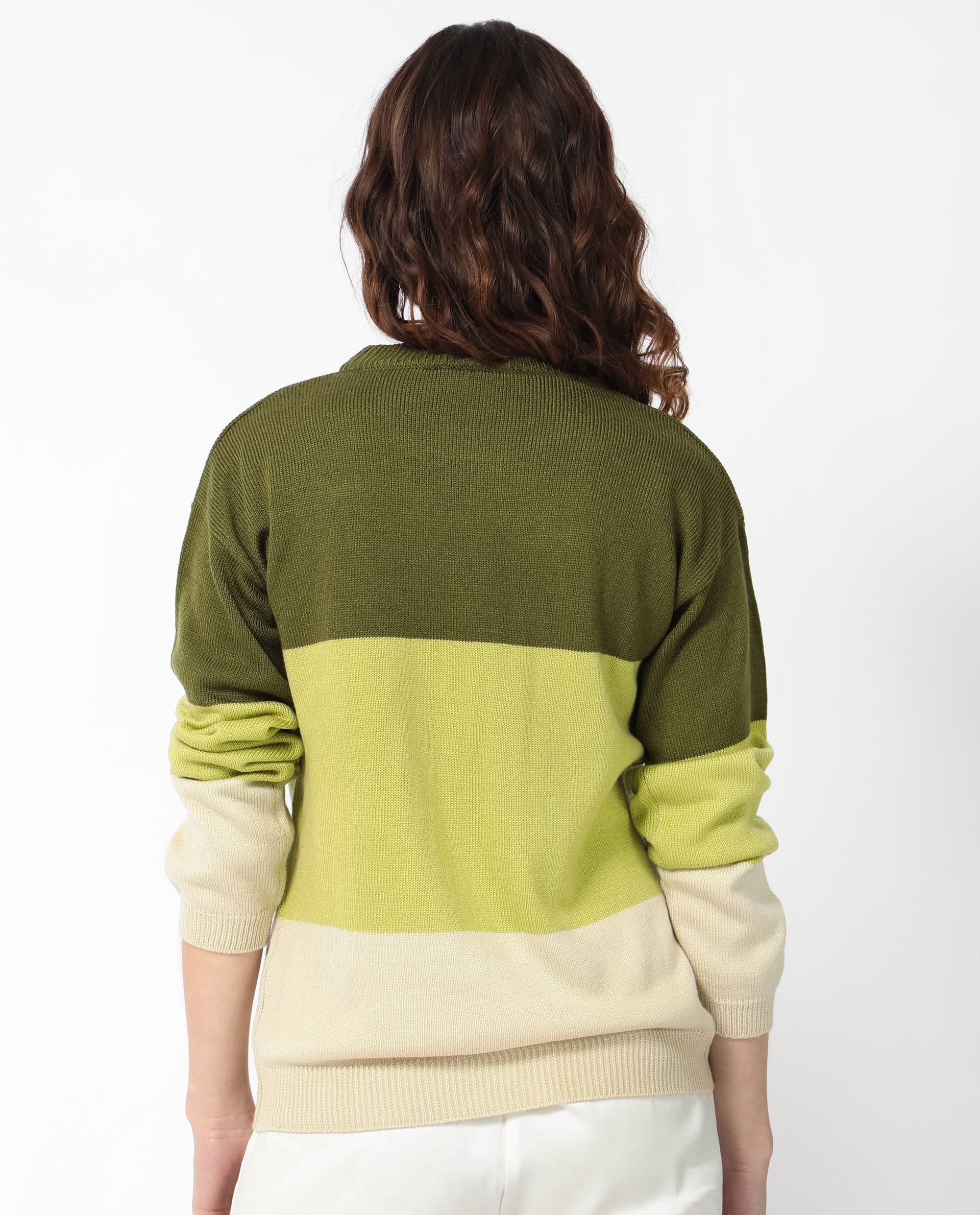 Rareism Women's Hampshire Olive Acrylic Crew Neck Color Block Relaxed Fit Sweater - Image 9
