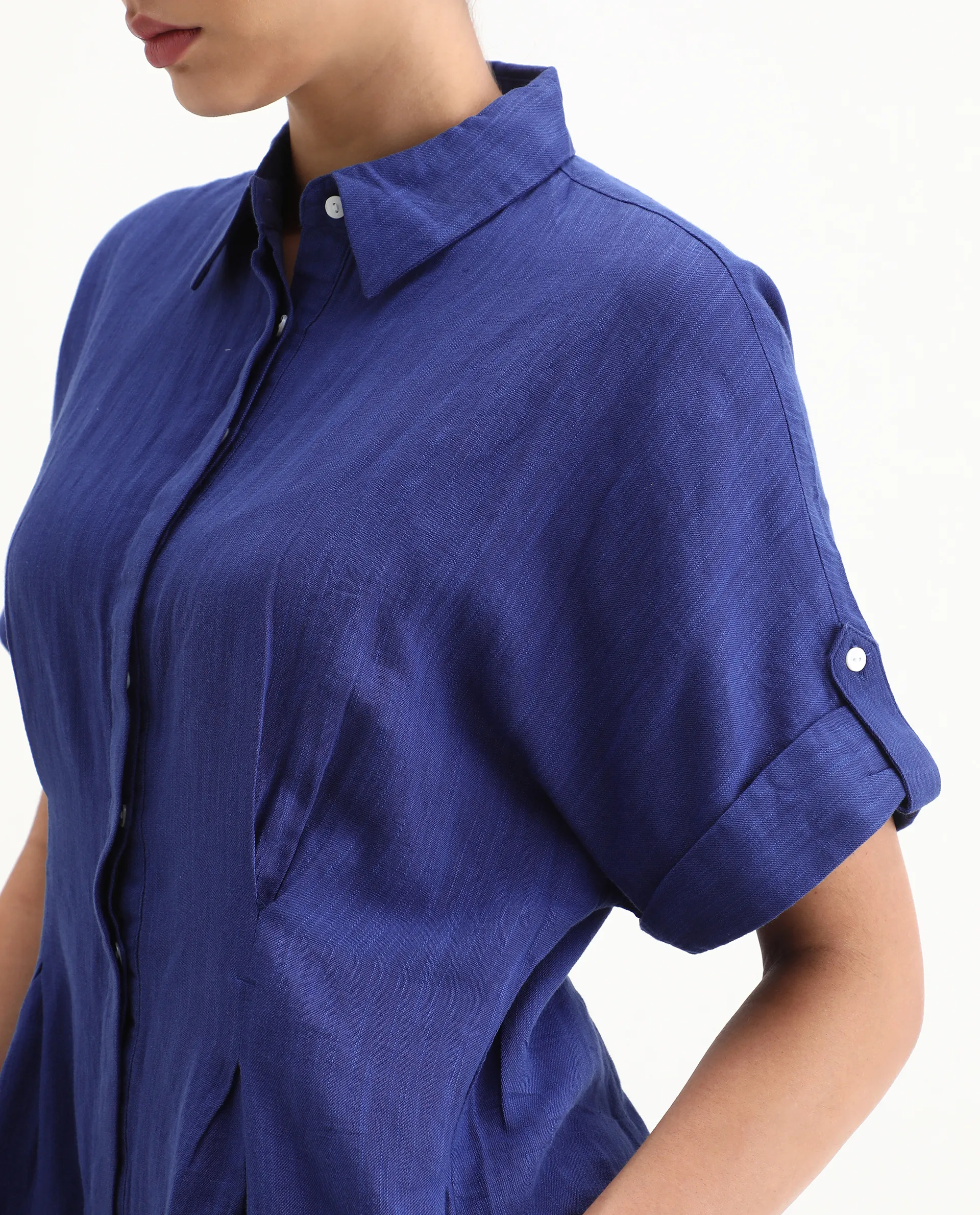 Rareism Women's Hamster Blue Linen Spread Collar Plain Knee Length Regular Fit Jumpsuit - Image 3