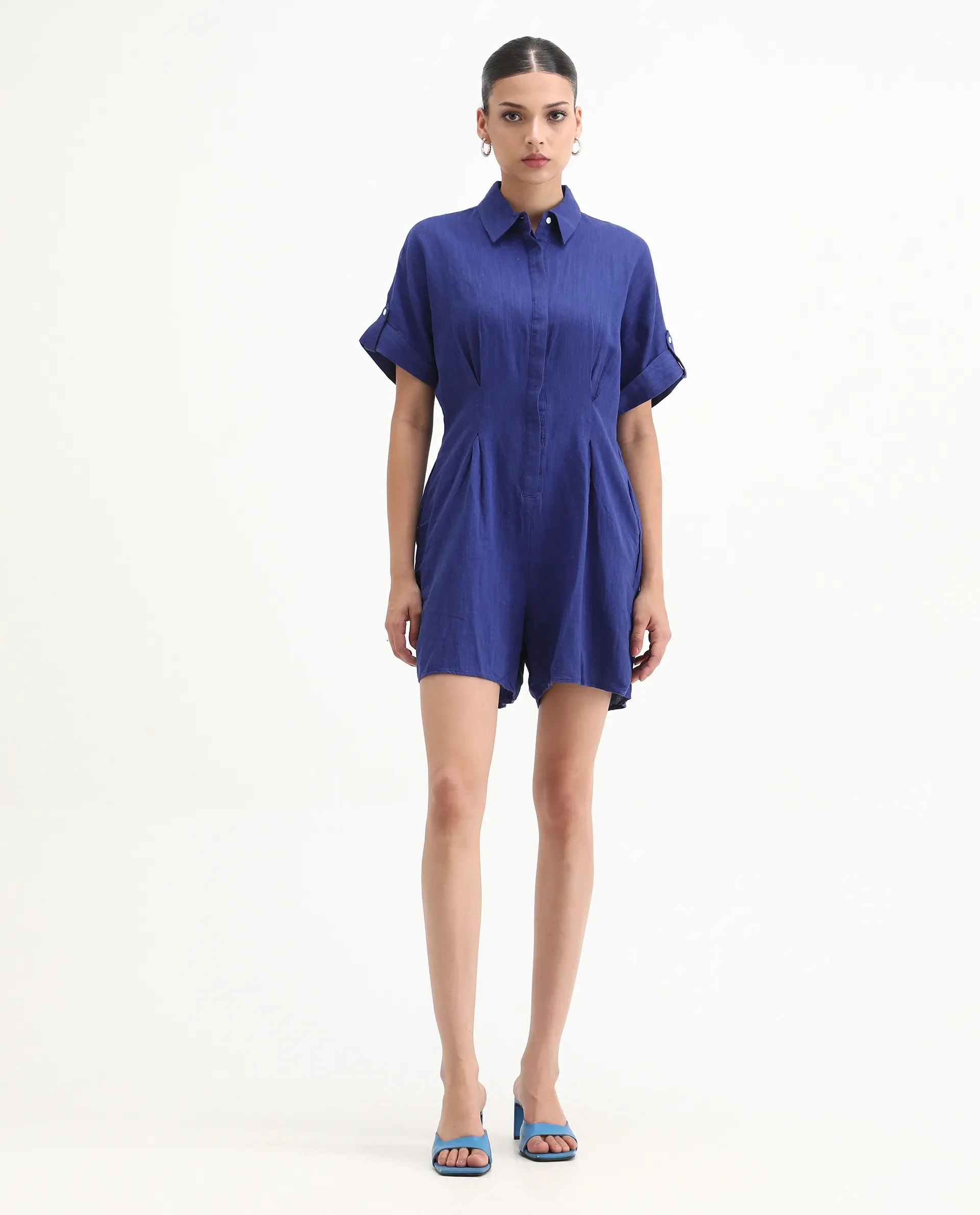 Rareism Women's Hamster Blue Linen Spread Collar Plain Knee Length Regular Fit Jumpsuit - Image 4