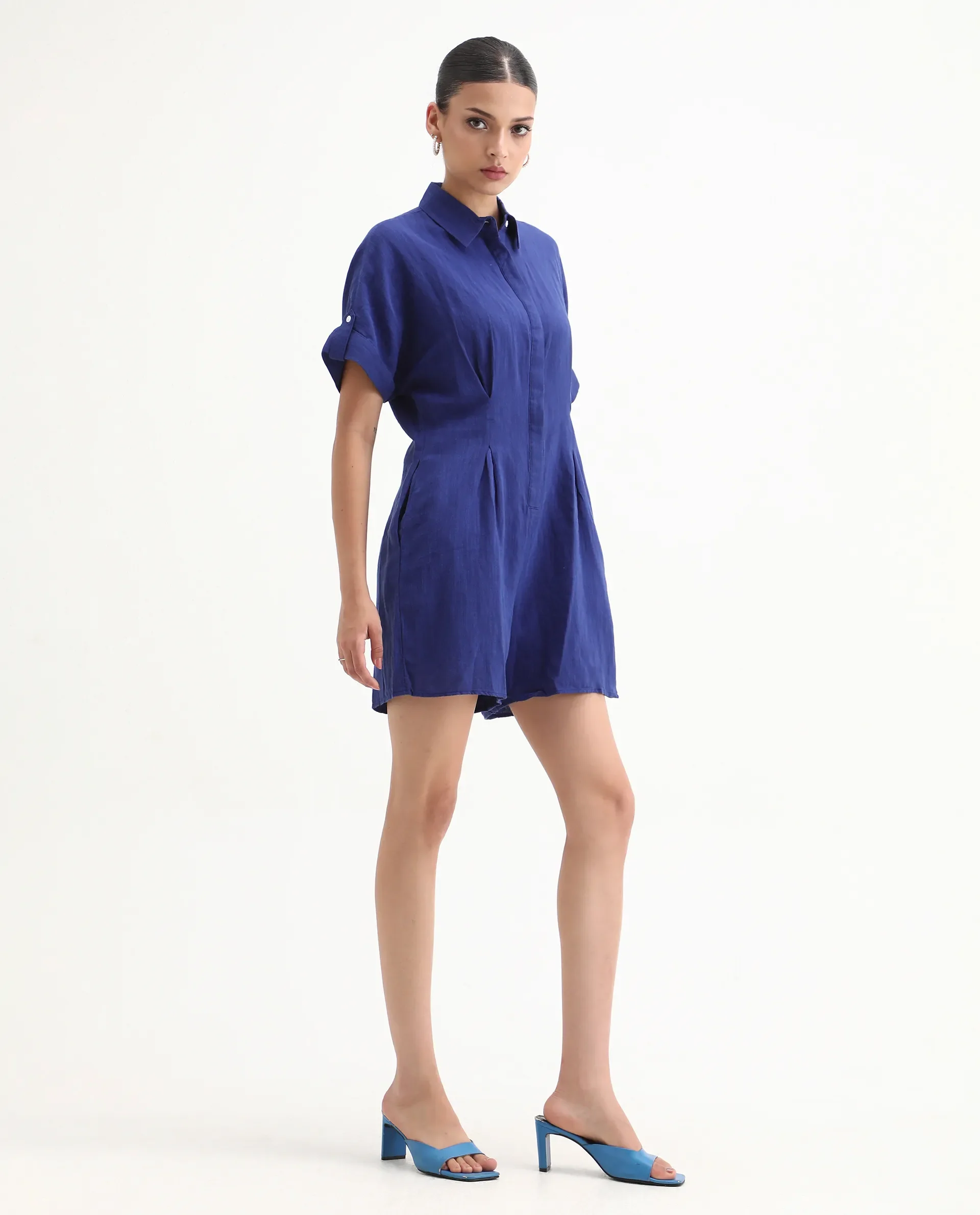Rareism Women's Hamster Blue Linen Spread Collar Plain Knee Length Regular Fit Jumpsuit - Image 5