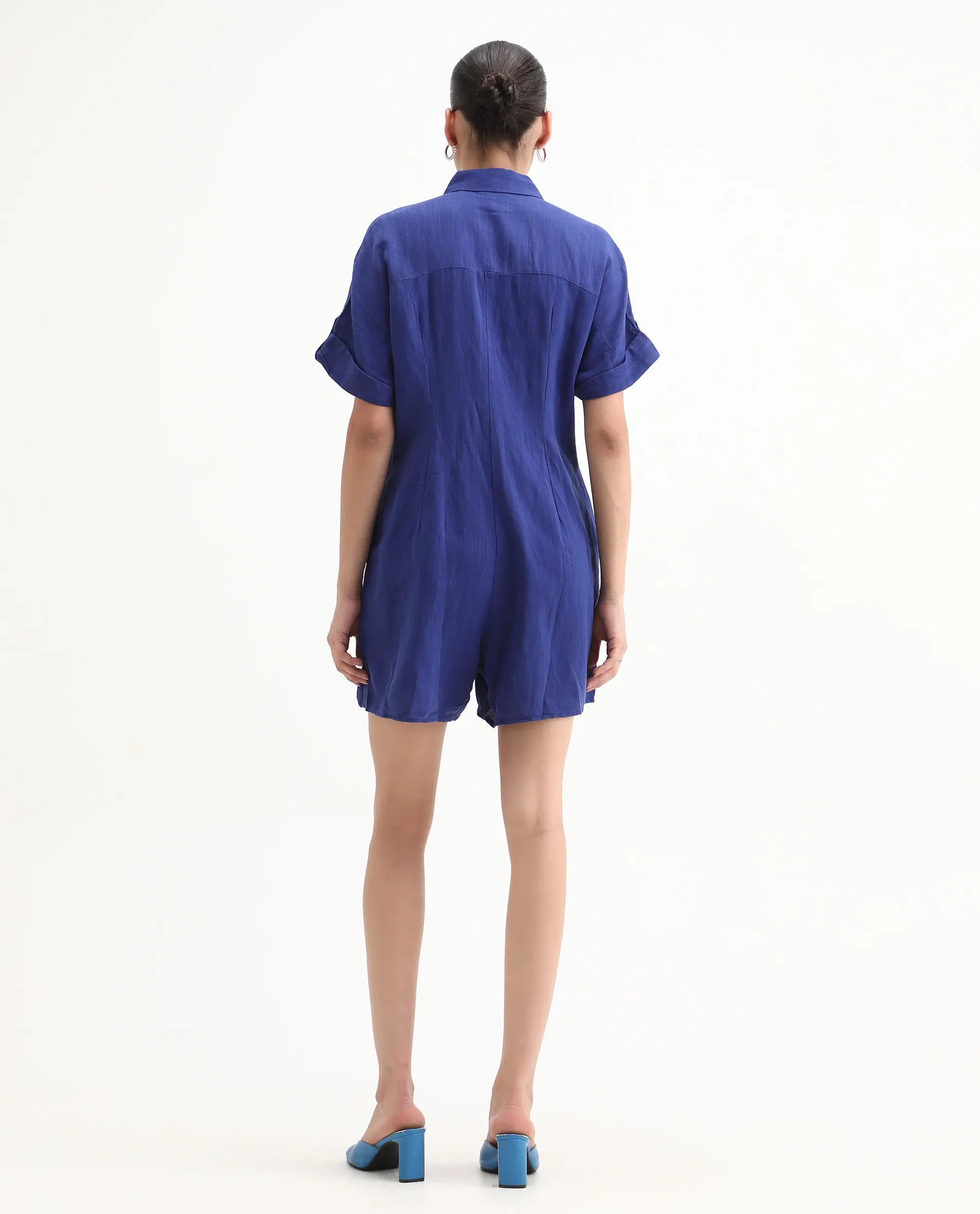 Rareism Women's Hamster Blue Linen Spread Collar Plain Knee Length Regular Fit Jumpsuit - Image 7