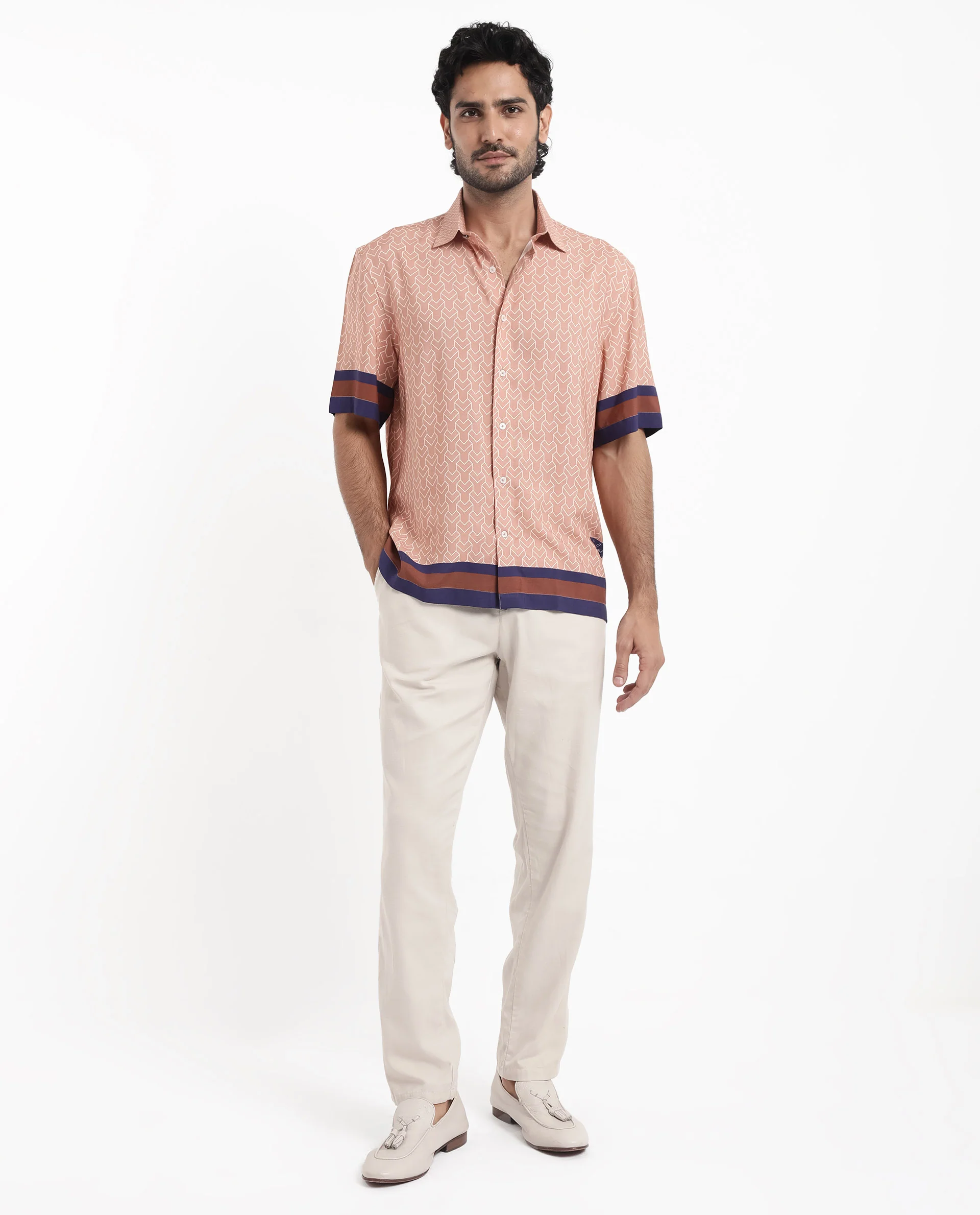 Rare Rabbit Men's Hane Beige Viscose Monogram Print Boxy Fit Half Sleeve Collared Shirt - Image 2