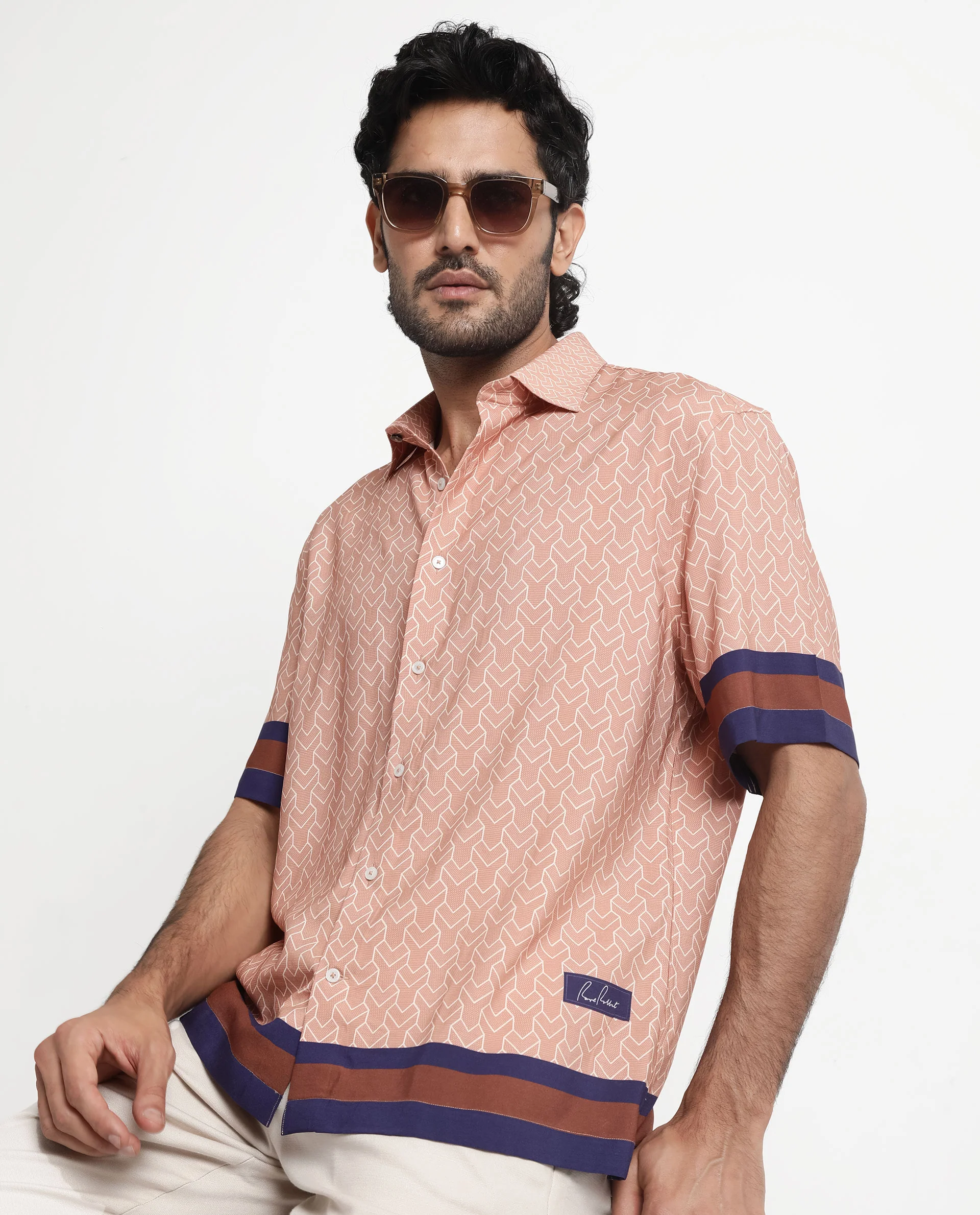 Rare Rabbit Men's Hane Beige Viscose Monogram Print Boxy Fit Half Sleeve Collared Shirt - Image 3