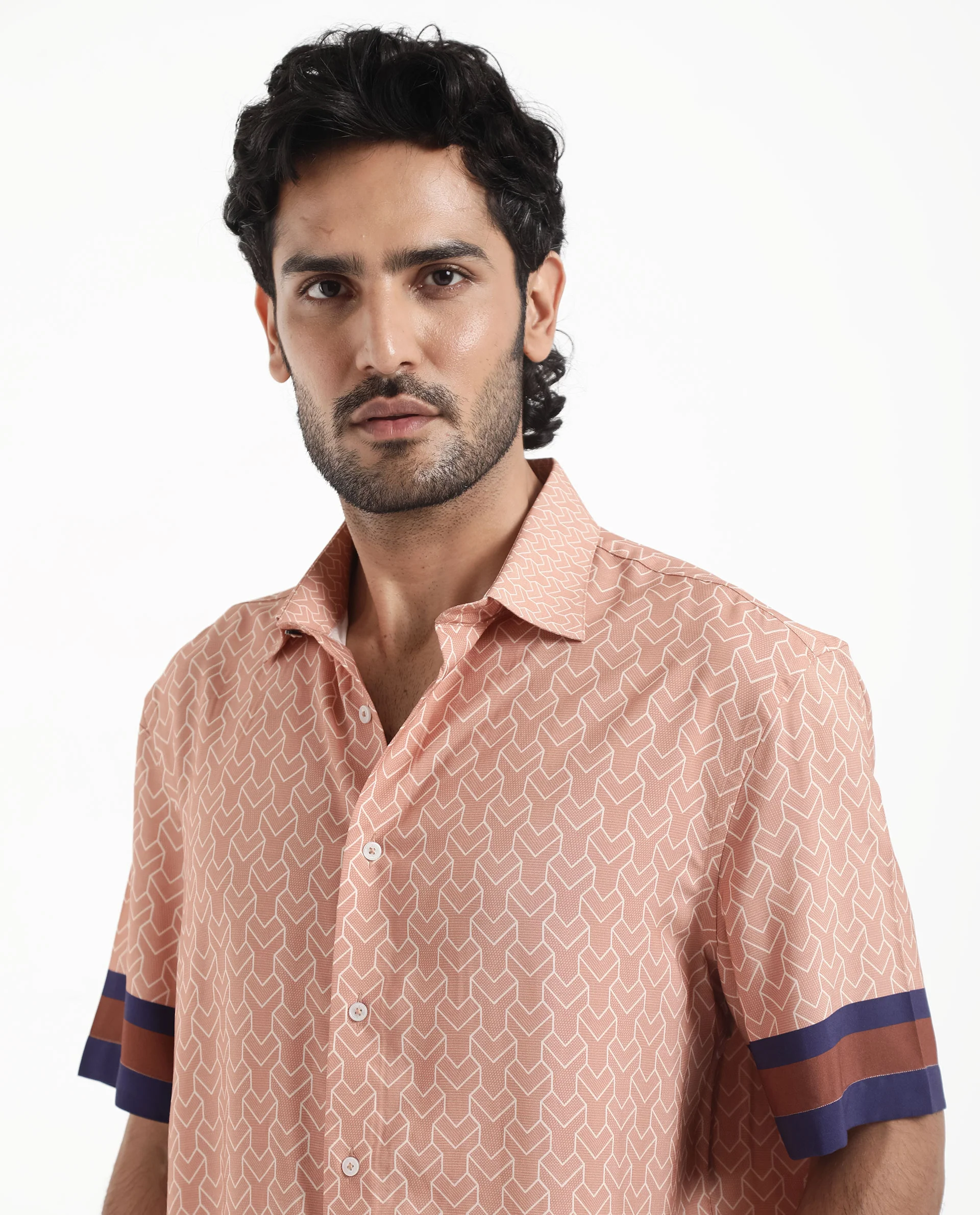 Rare Rabbit Men's Hane Beige Viscose Monogram Print Boxy Fit Half Sleeve Collared Shirt - Image 4