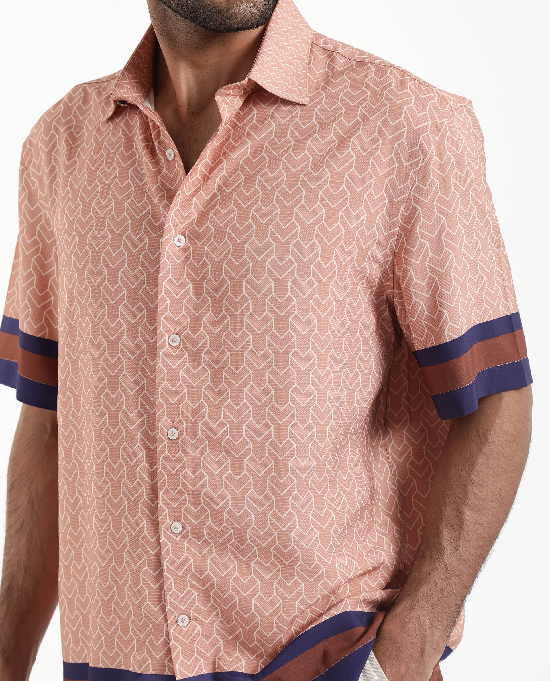 Rare Rabbit Men's Hane Beige Viscose Monogram Print Boxy Fit Half Sleeve Collared Shirt - Image 5