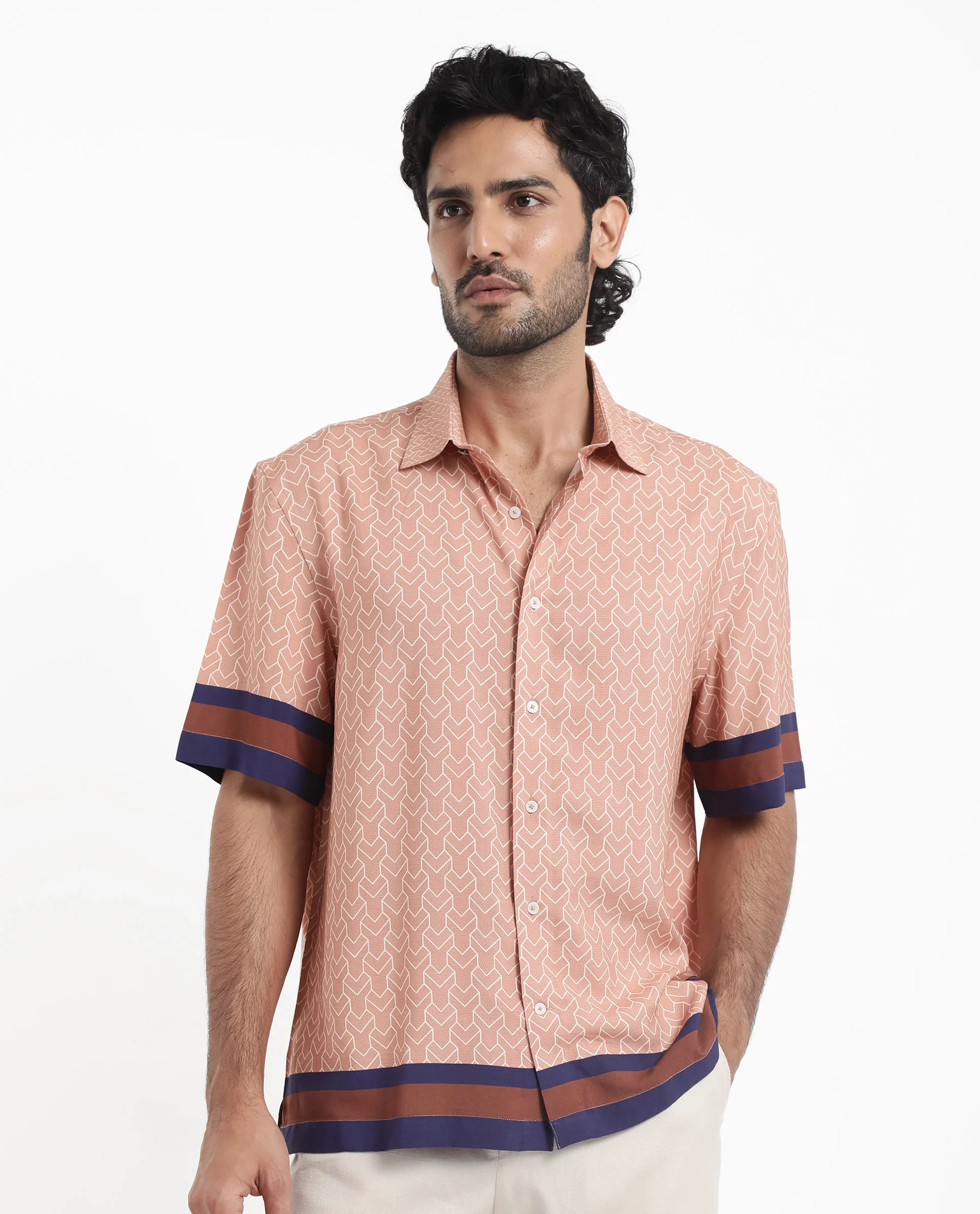 Rare Rabbit Men's Hane Beige Viscose Monogram Print Boxy Fit Half Sleeve Collared Shirt - Image 6