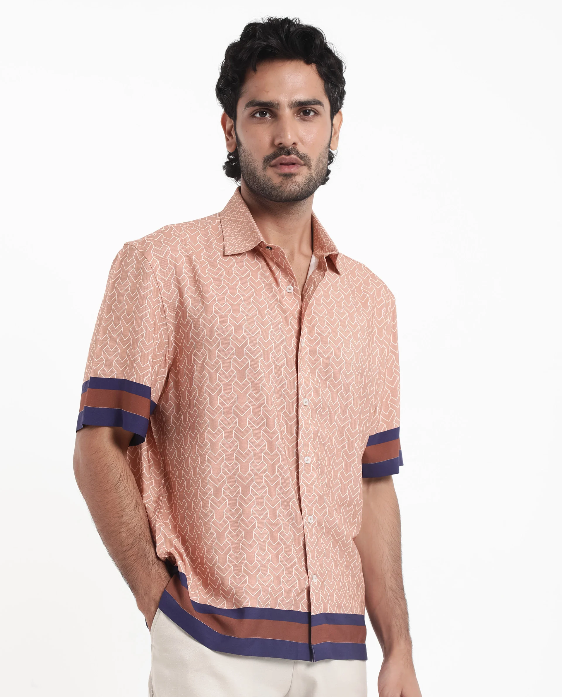 Rare Rabbit Men's Hane Beige Viscose Monogram Print Boxy Fit Half Sleeve Collared Shirt - Image 7