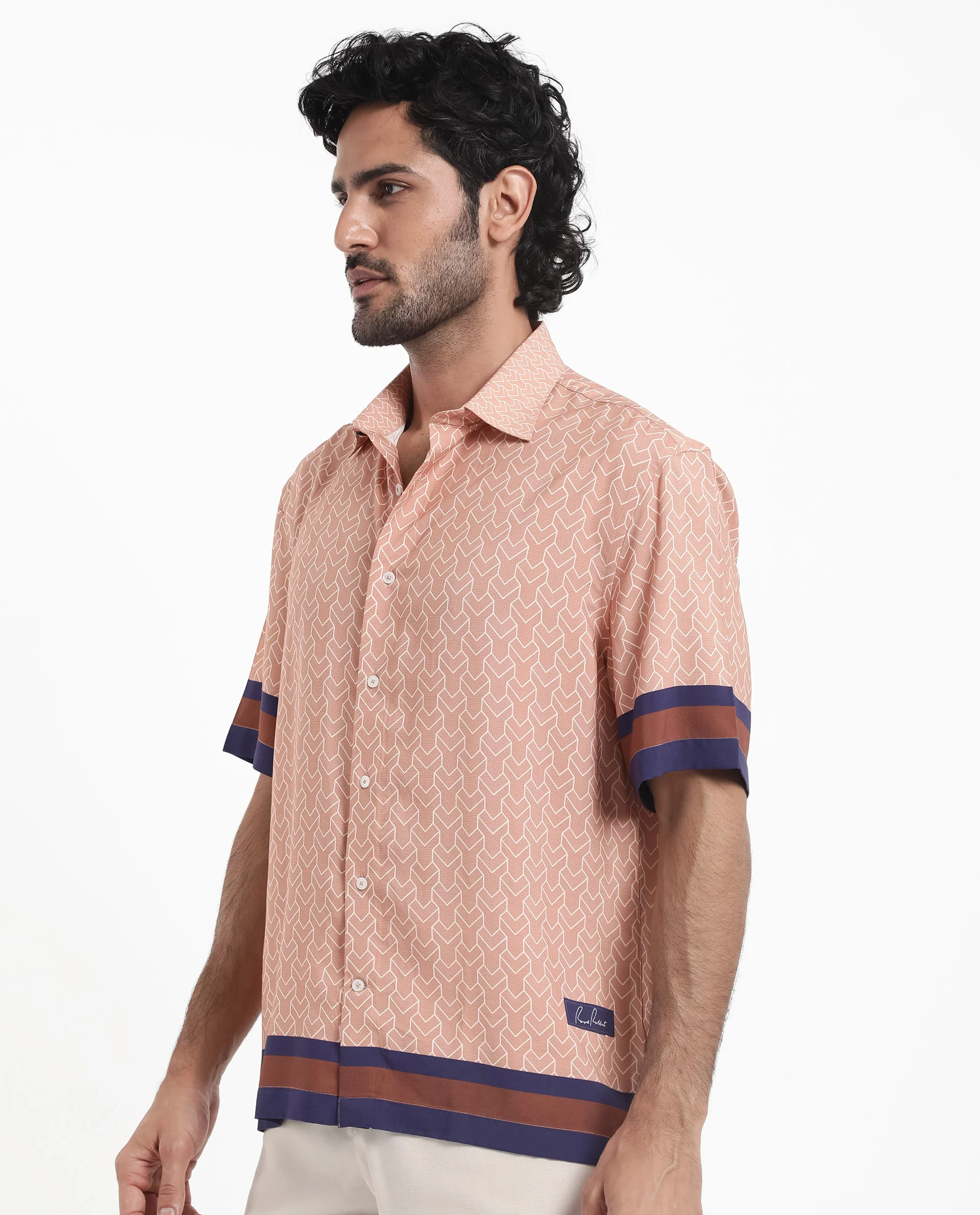 Rare Rabbit Men's Hane Beige Viscose Monogram Print Boxy Fit Half Sleeve Collared Shirt - Image 9
