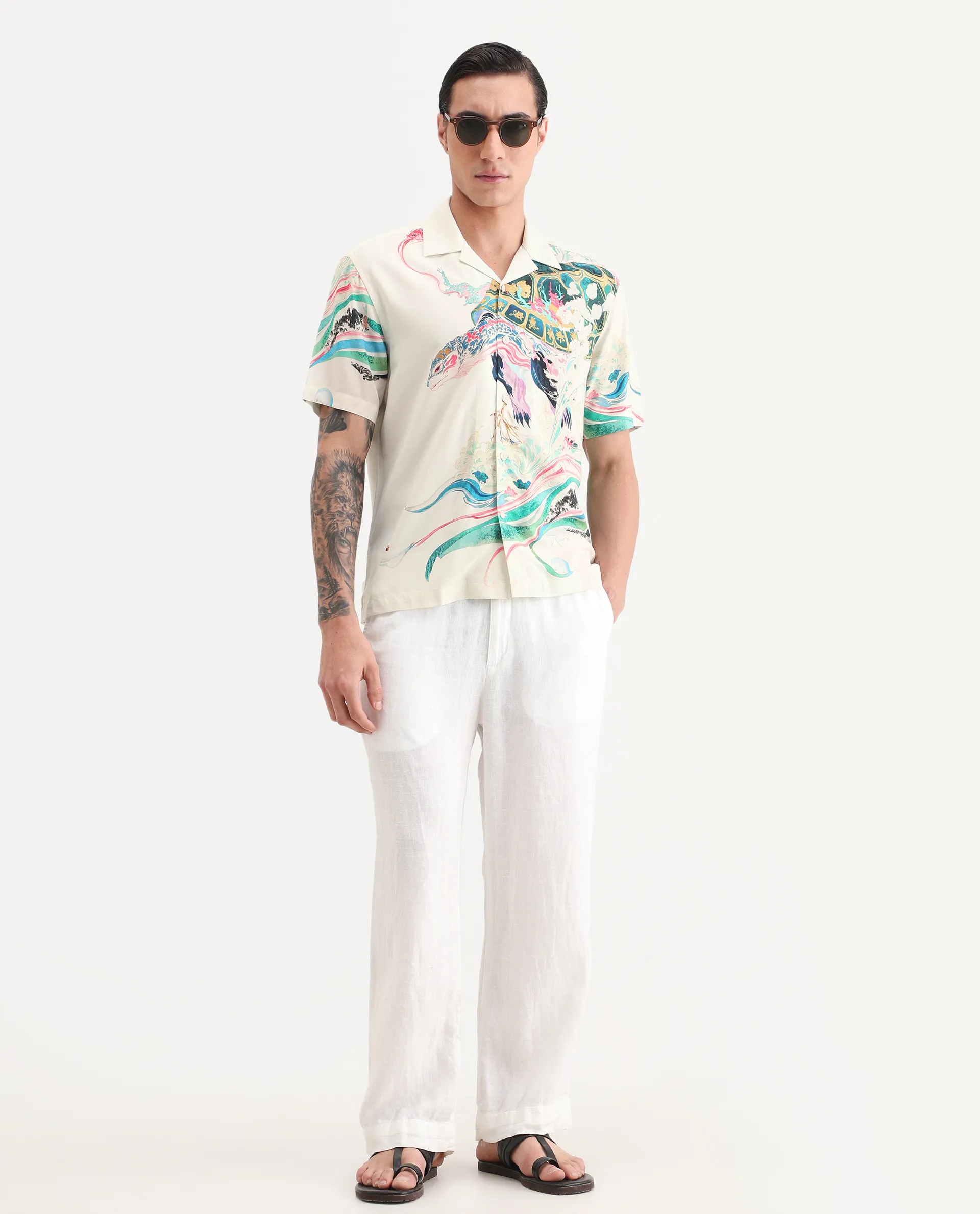 Rare Rabbit Men's Hani Off White Viscose Fabric Half Sleeve Cuban Collar Regular Fit Abstract Print Shirt - Image 2