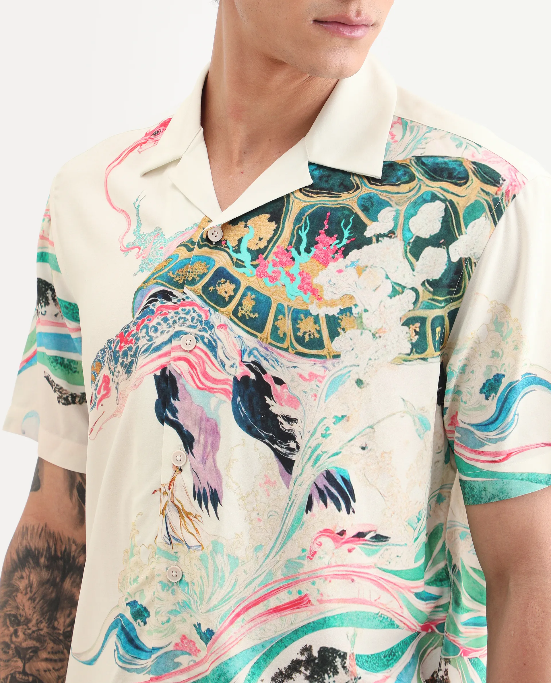 Rare Rabbit Men's Hani Off White Viscose Fabric Half Sleeve Cuban Collar Regular Fit Abstract Print Shirt - Image 3