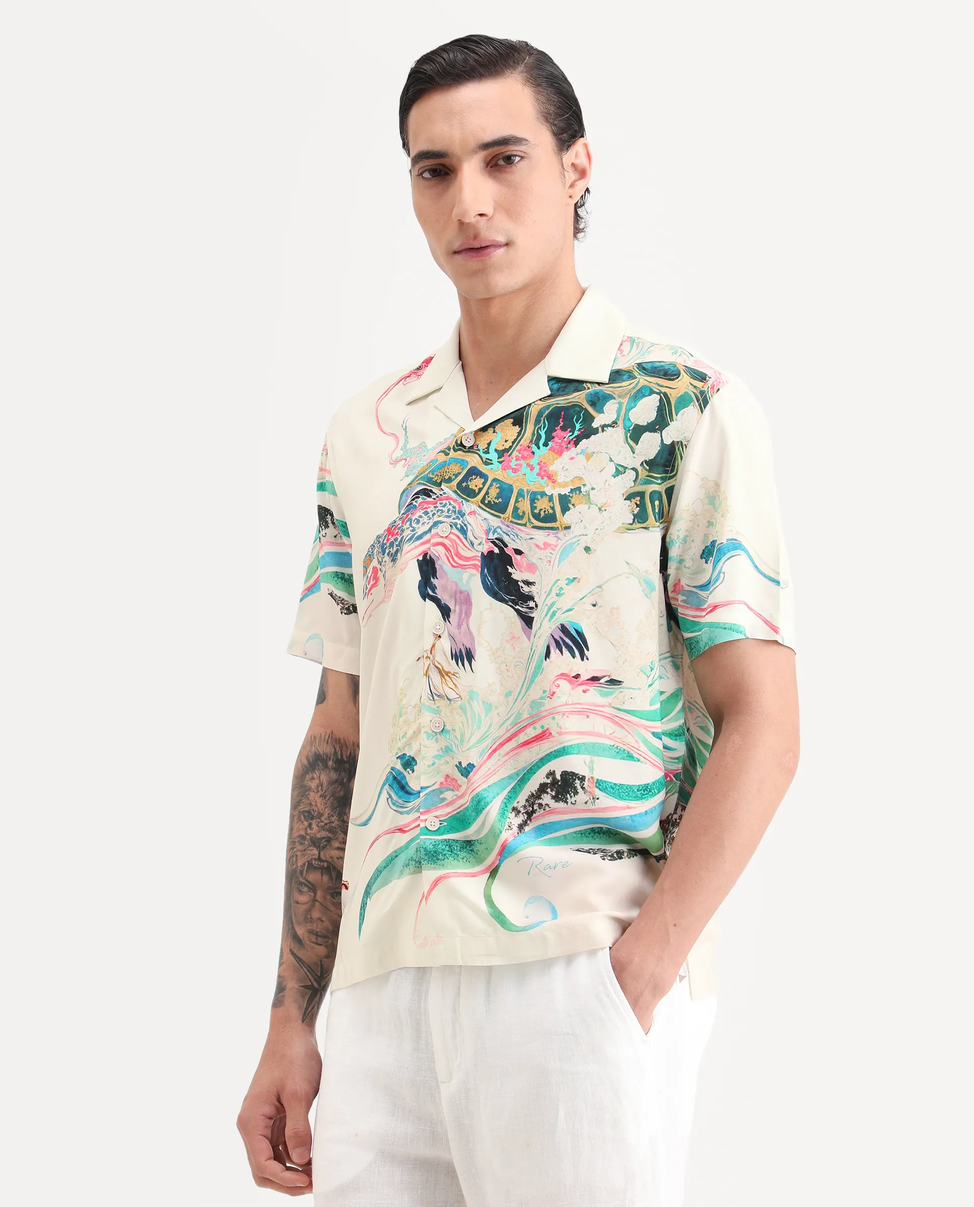 Rare Rabbit Men's Hani Off White Viscose Fabric Half Sleeve Cuban Collar Regular Fit Abstract Print Shirt - Image 4