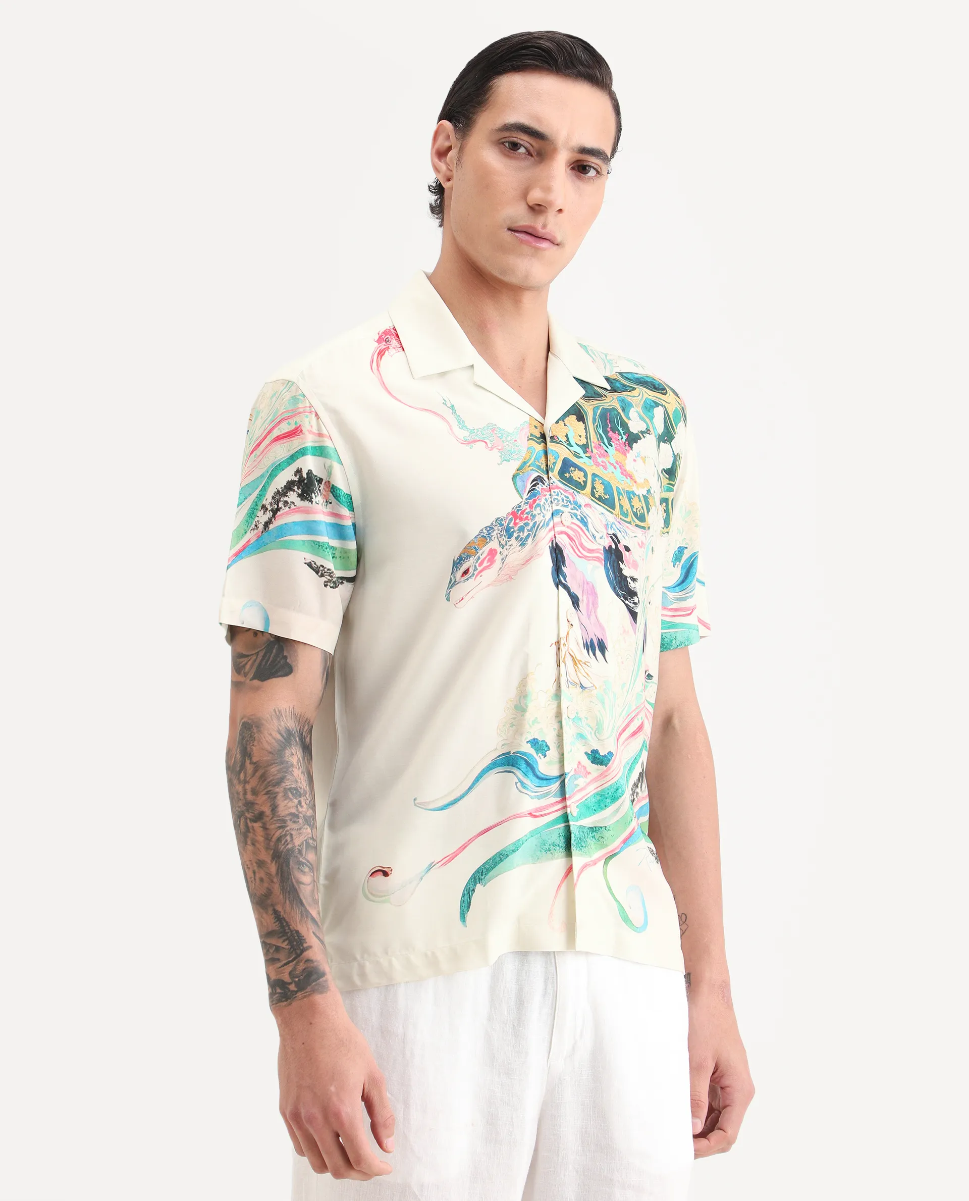 Rare Rabbit Men's Hani Off White Viscose Fabric Half Sleeve Cuban Collar Regular Fit Abstract Print Shirt - Image 5