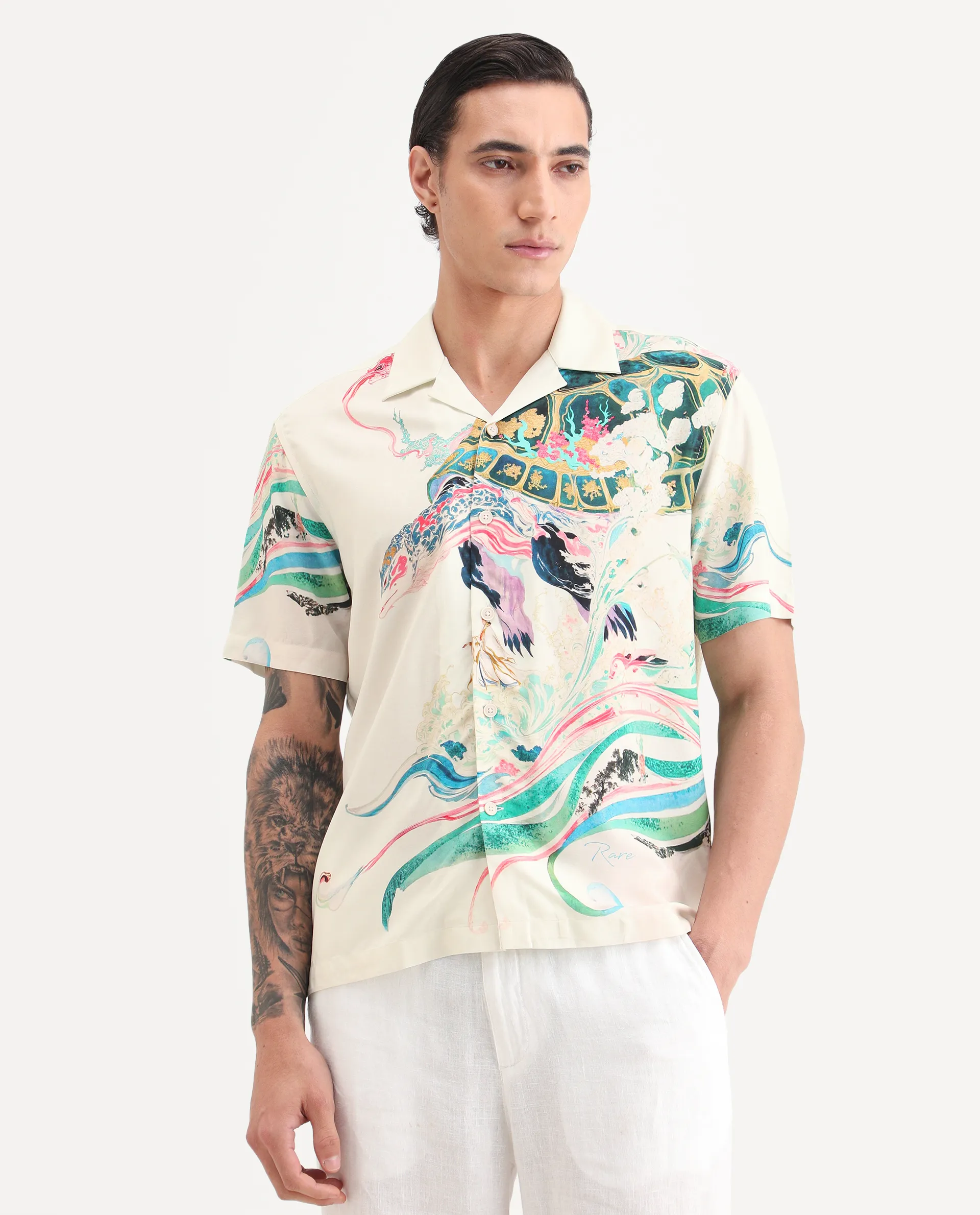 Rare Rabbit Men's Hani Off White Viscose Fabric Half Sleeve Cuban Collar Regular Fit Abstract Print Shirt - Image 6