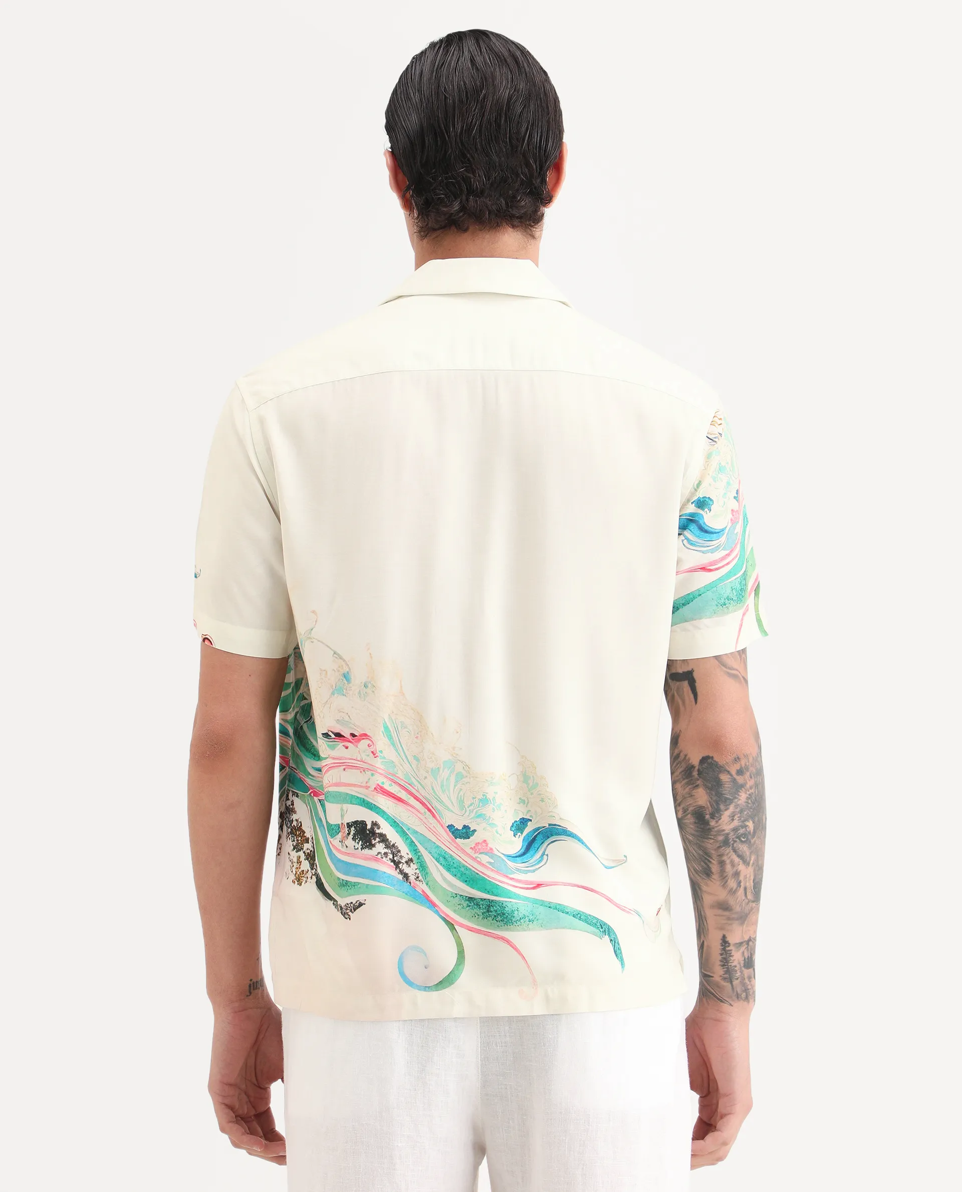 Rare Rabbit Men's Hani Off White Viscose Fabric Half Sleeve Cuban Collar Regular Fit Abstract Print Shirt - Image 7