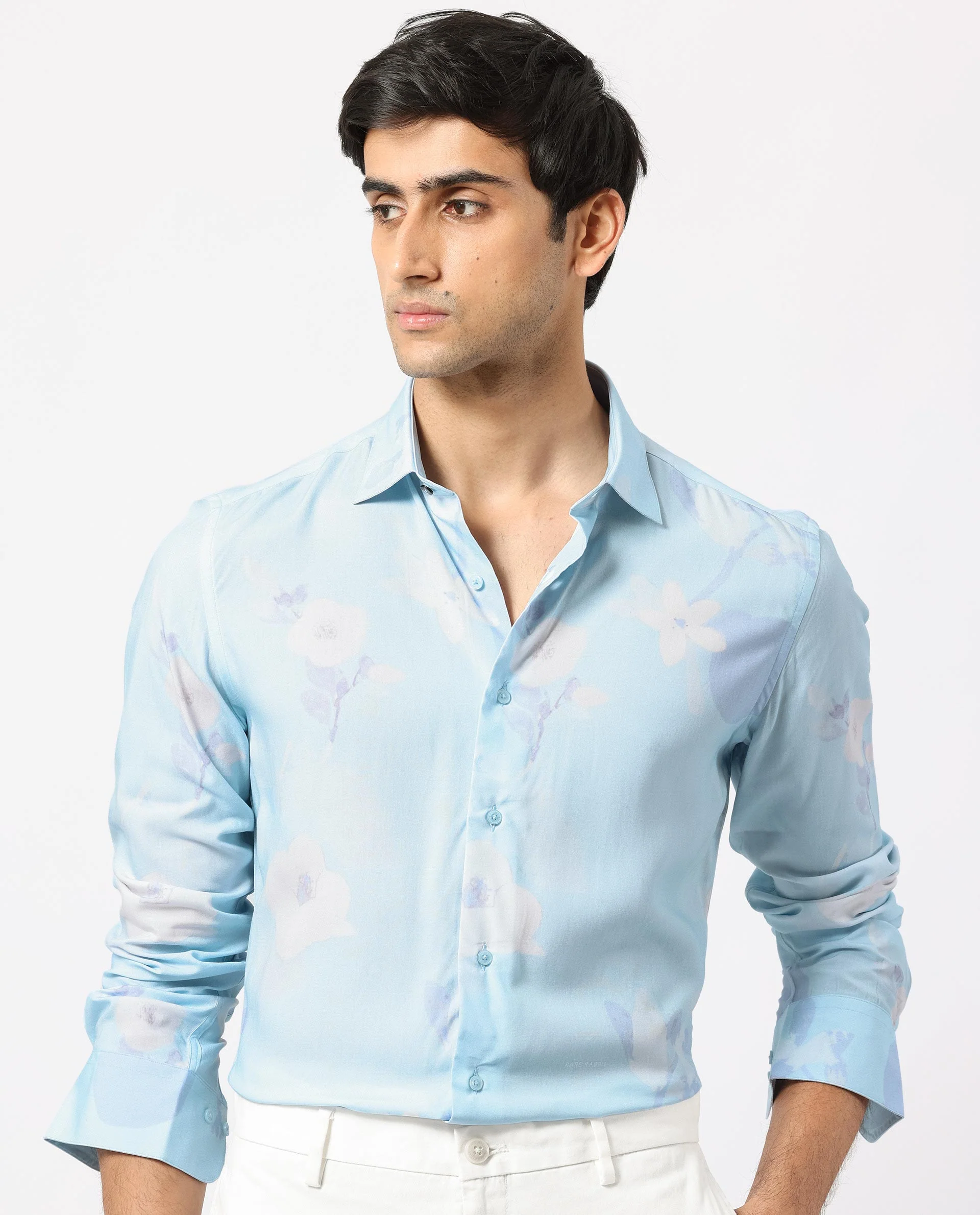 Rare Rabbit Men's Hanmer Light Petrol Viscose Floral Print Regular Fit Full Sleeve Collared Shirt - Image 3