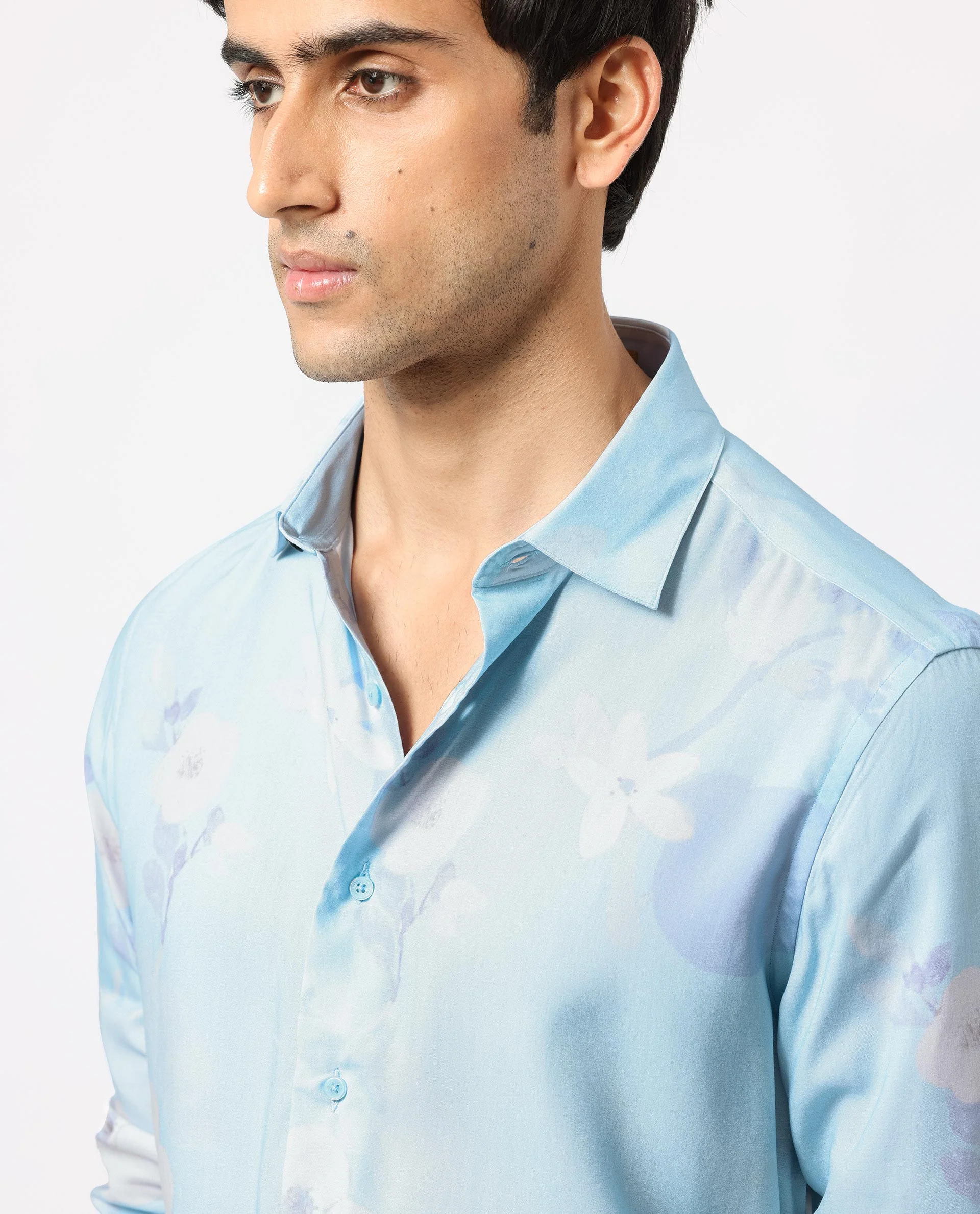 Rare Rabbit Men's Hanmer Light Petrol Viscose Floral Print Regular Fit Full Sleeve Collared Shirt - Image 4