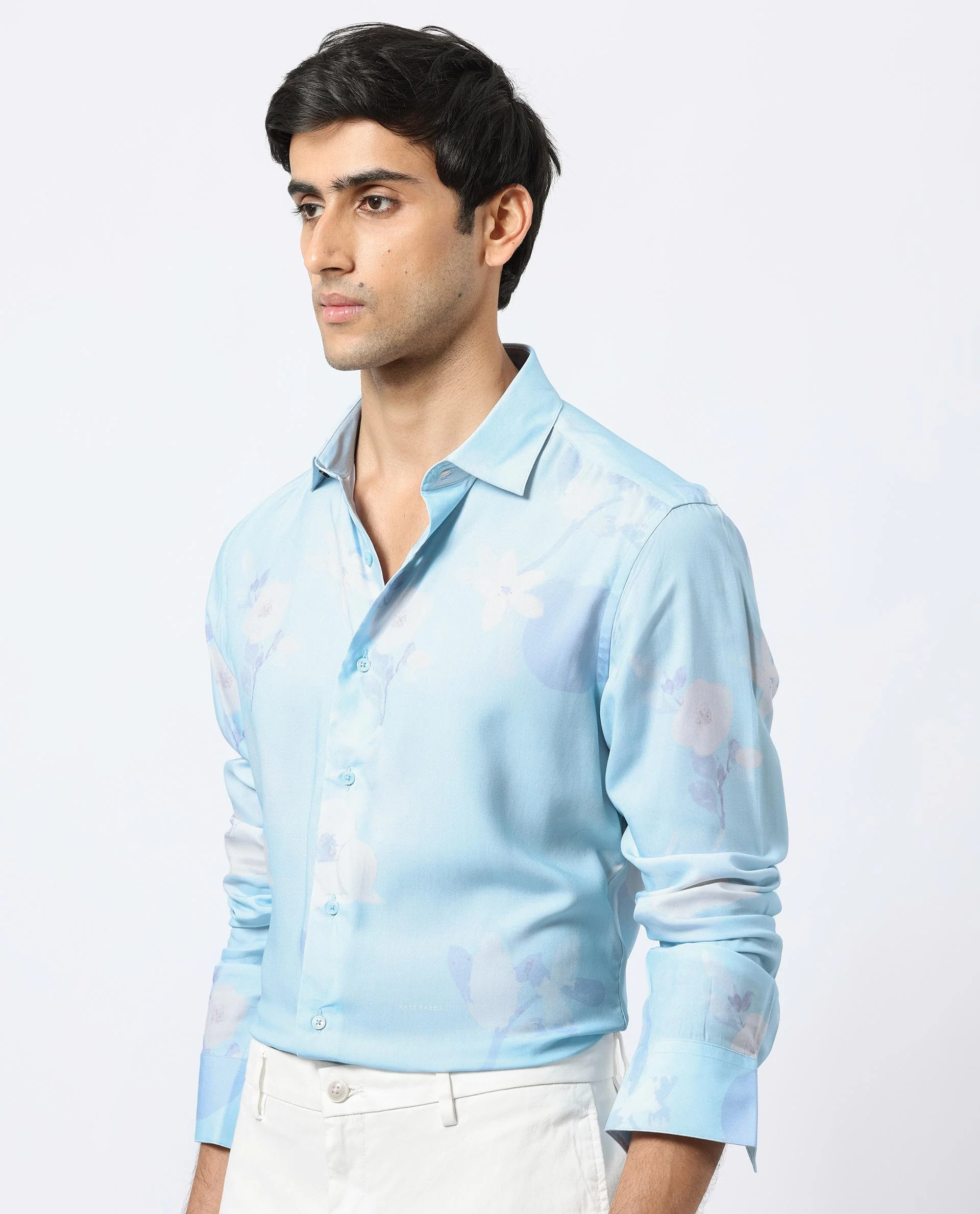 Rare Rabbit Men's Hanmer Light Petrol Viscose Floral Print Regular Fit Full Sleeve Collared Shirt - Image 7