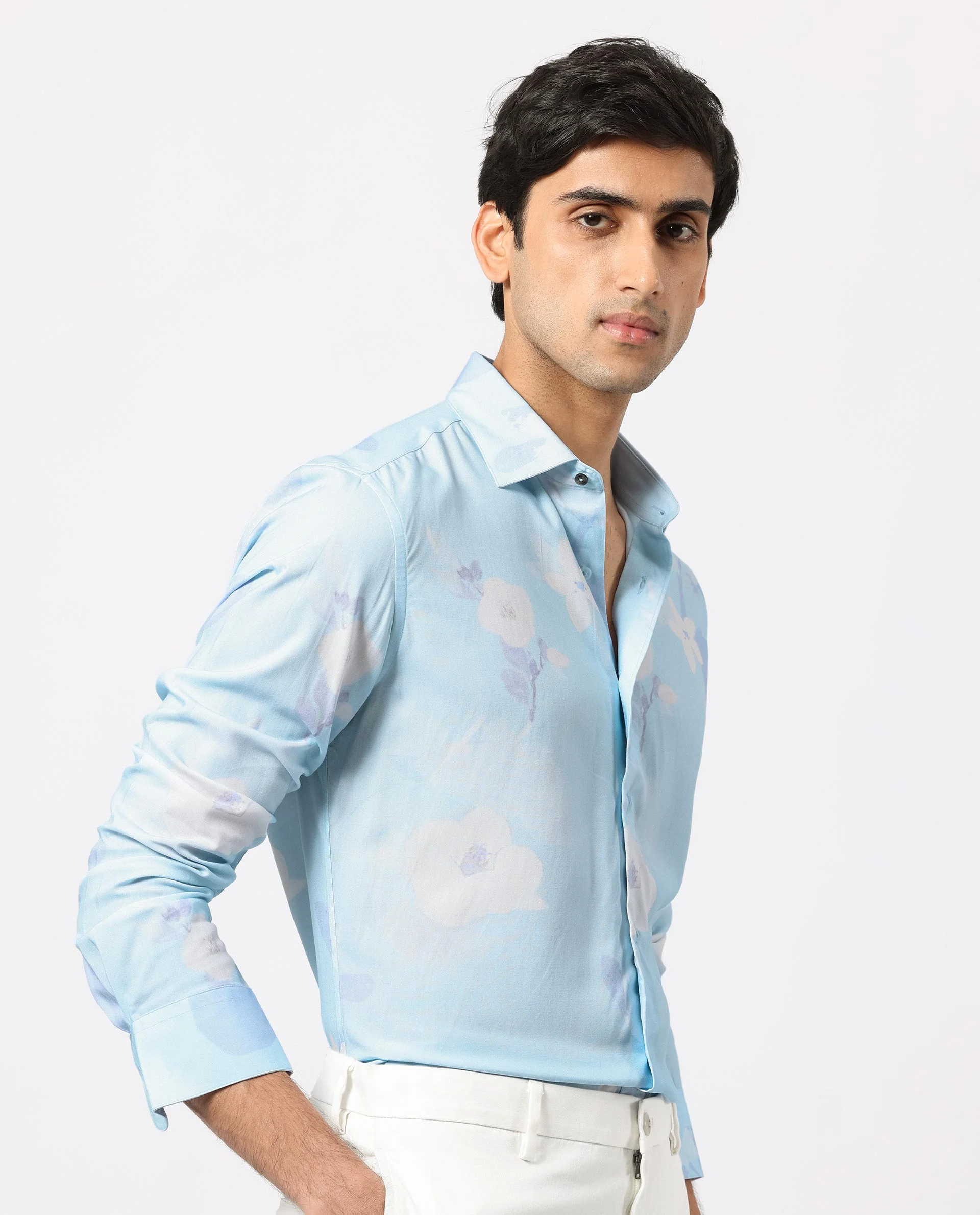Rare Rabbit Men's Hanmer Light Petrol Viscose Floral Print Regular Fit Full Sleeve Collared Shirt - Image 8