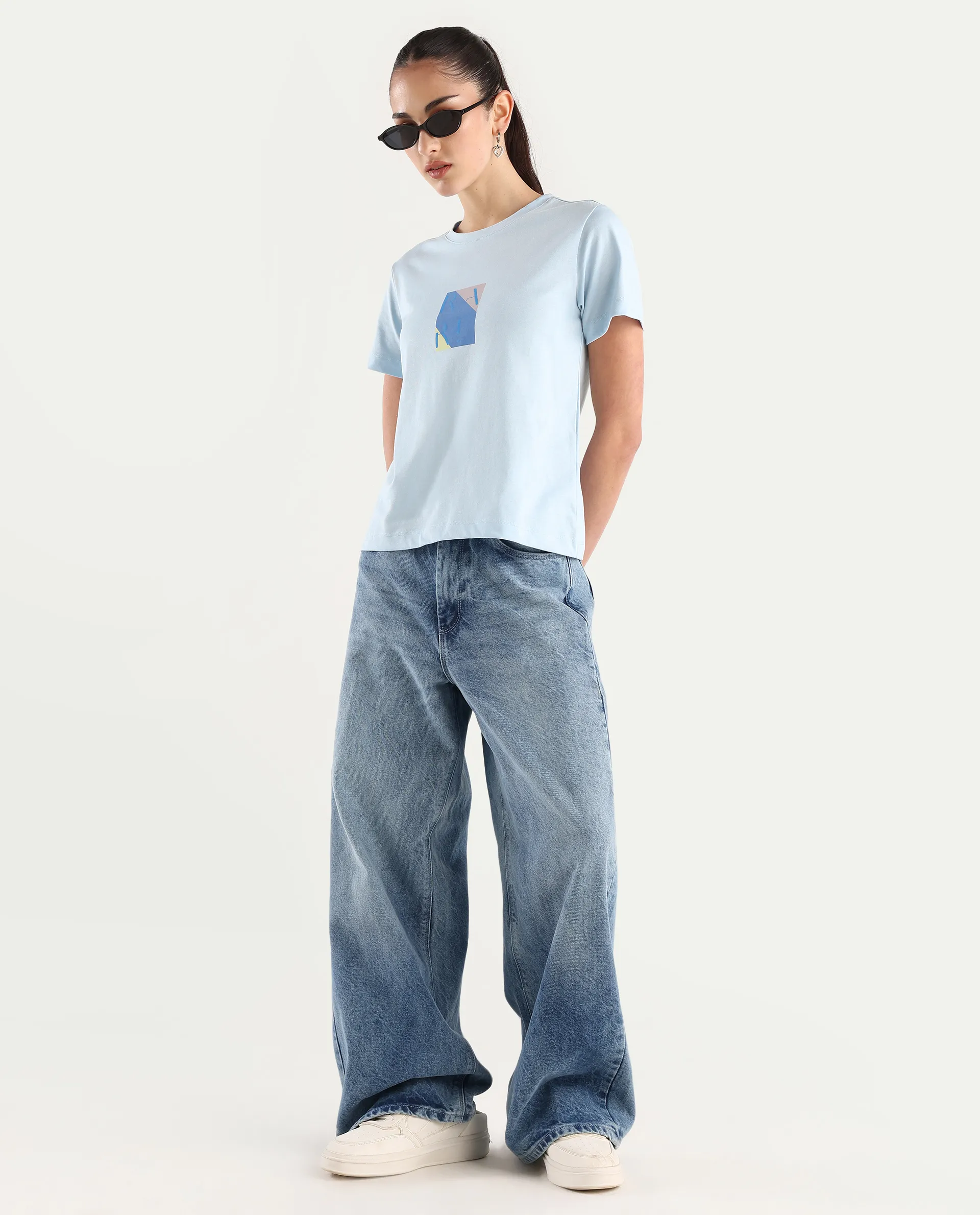 Rareism Women's Hanna Light Blue Cotton Blend Crew Neck Graphic Print Regular Fit T-Shirt - Image 2