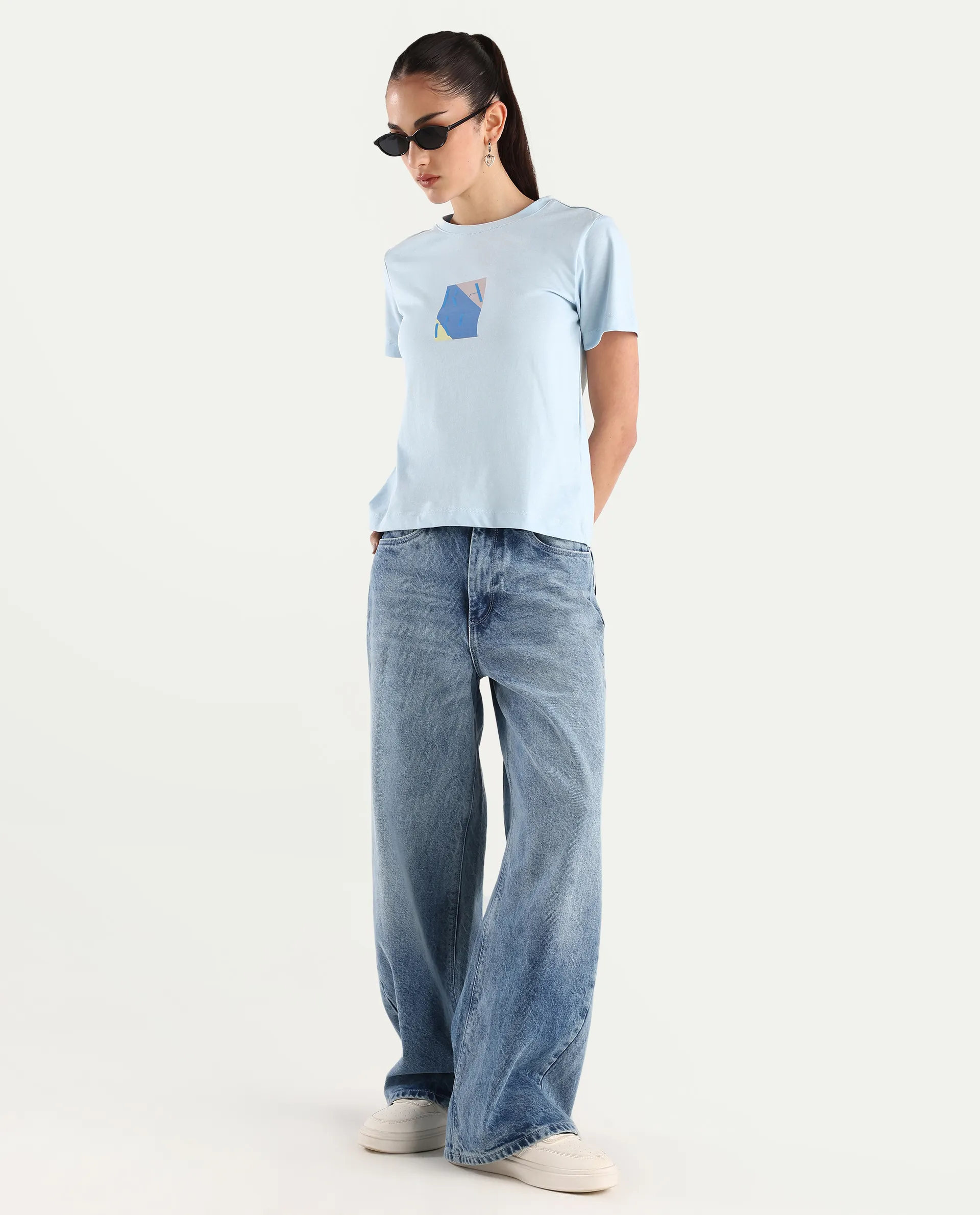 Rareism Women's Hanna Light Blue Cotton Blend Crew Neck Graphic Print Regular Fit T-Shirt - Image 3