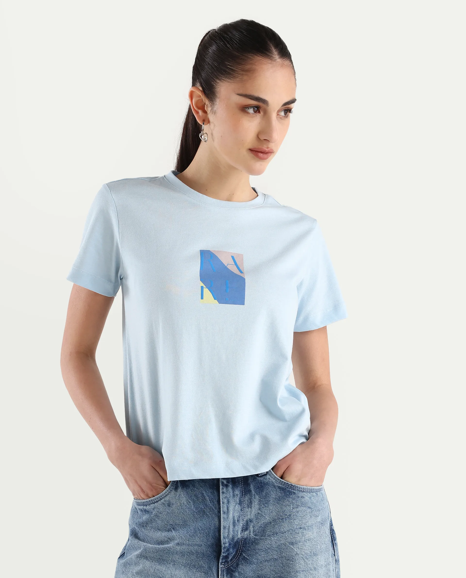 Rareism Women's Hanna Light Blue Cotton Blend Crew Neck Graphic Print Regular Fit T-Shirt - Image 4