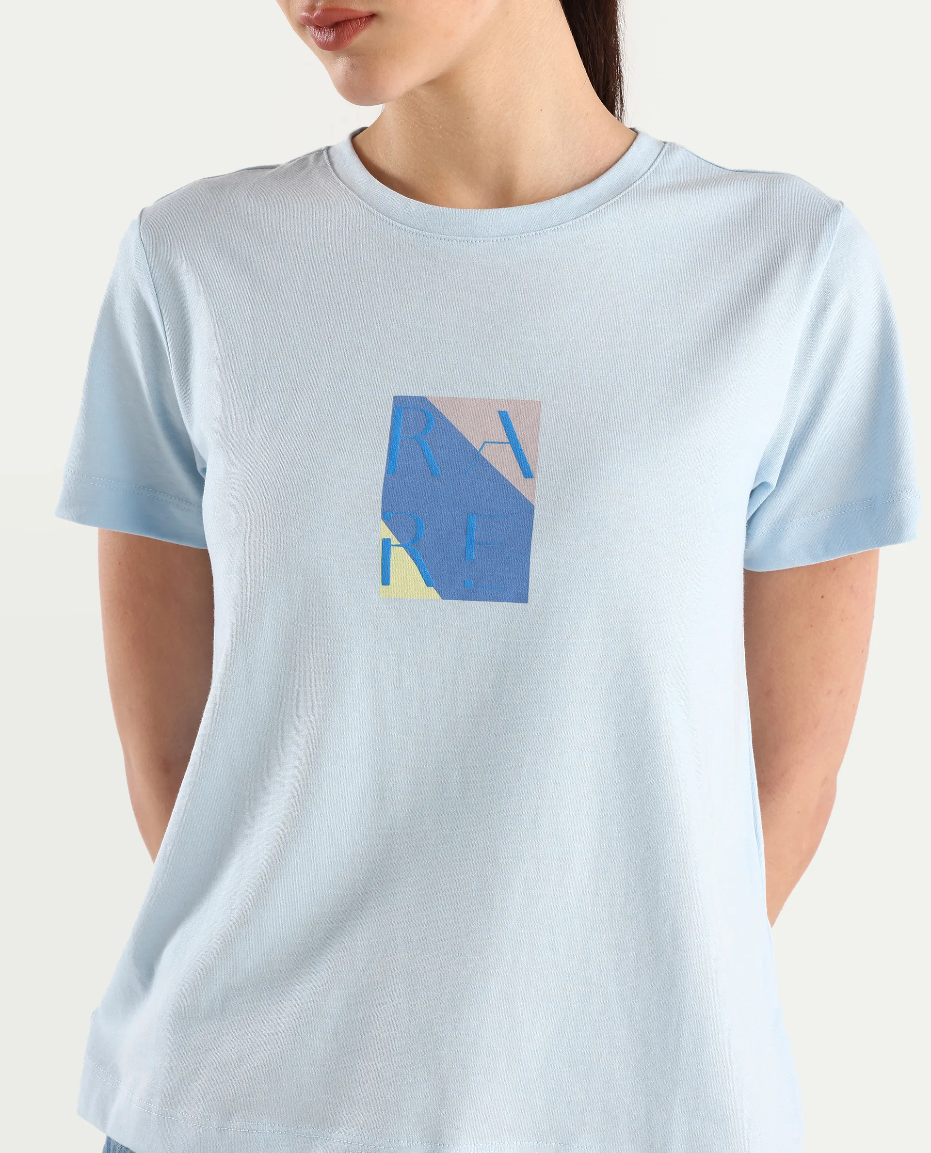 Rareism Women's Hanna Light Blue Cotton Blend Crew Neck Graphic Print Regular Fit T-Shirt - Image 5