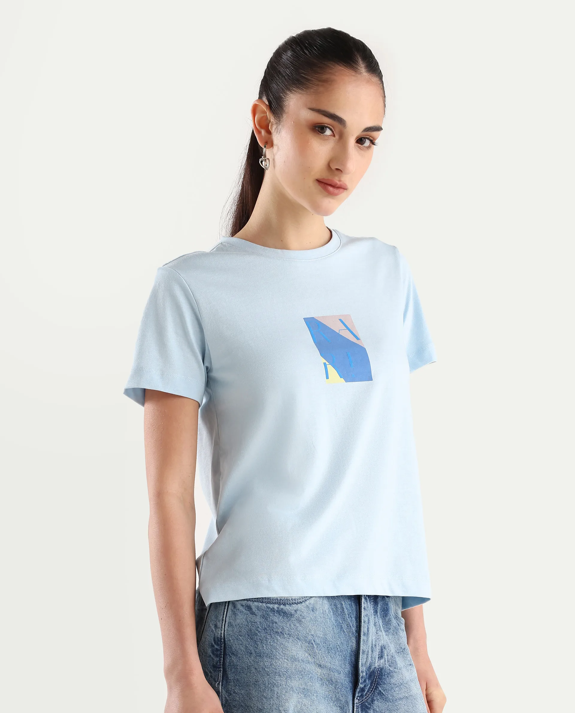 Rareism Women's Hanna Light Blue Cotton Blend Crew Neck Graphic Print Regular Fit T-Shirt - Image 6