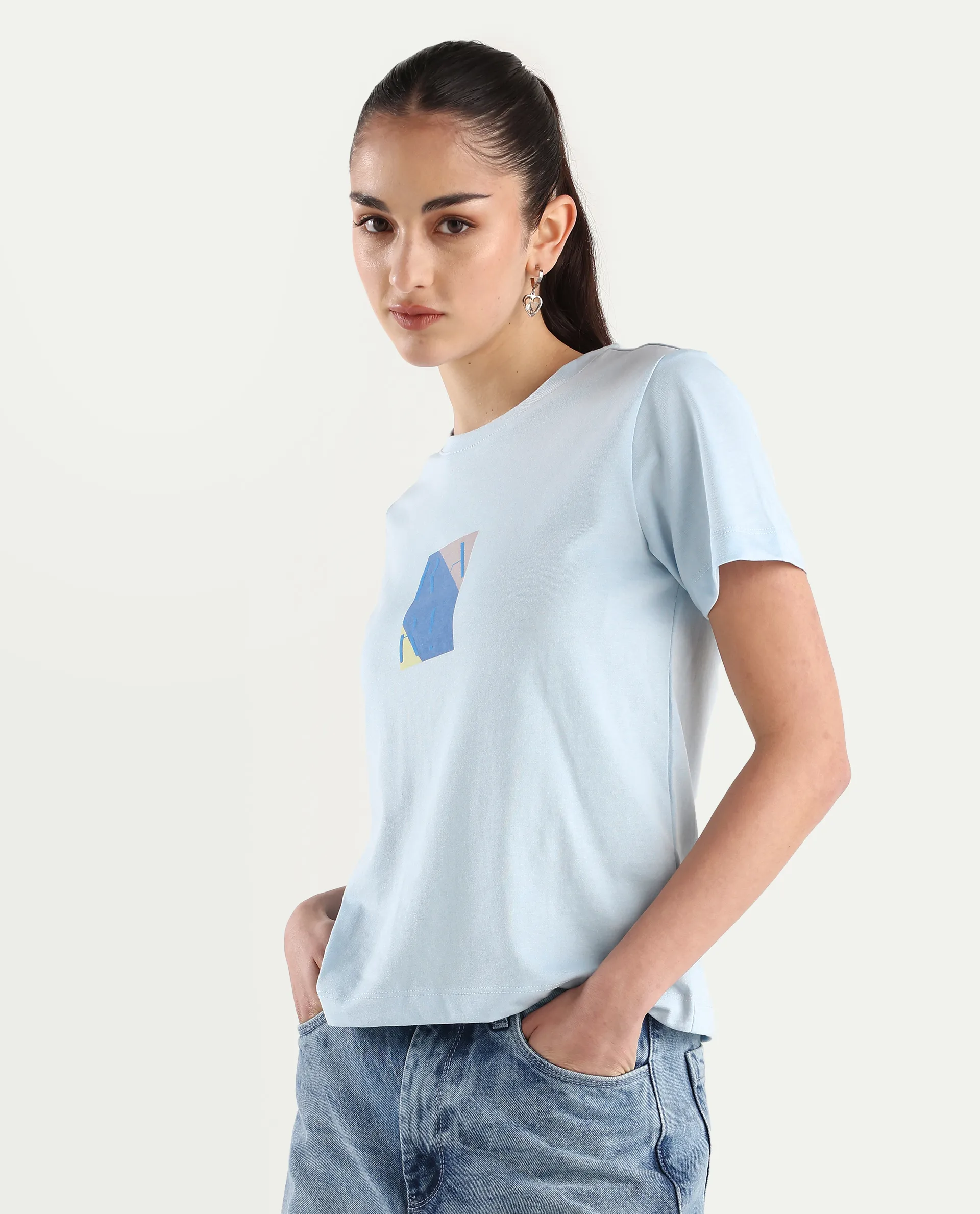 Rareism Women's Hanna Light Blue Cotton Blend Crew Neck Graphic Print Regular Fit T-Shirt - Image 7
