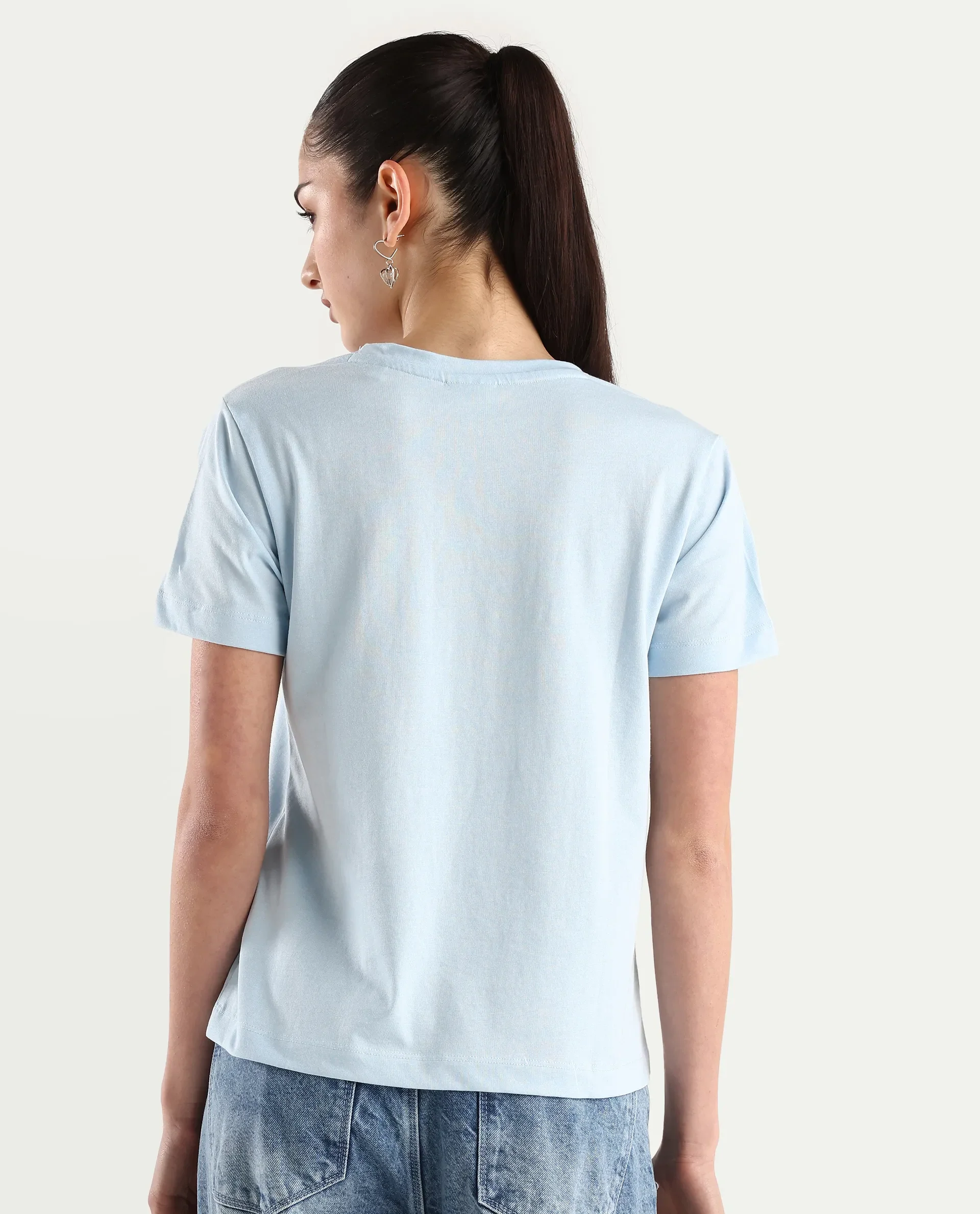 Rareism Women's Hanna Light Blue Cotton Blend Crew Neck Graphic Print Regular Fit T-Shirt - Image 8