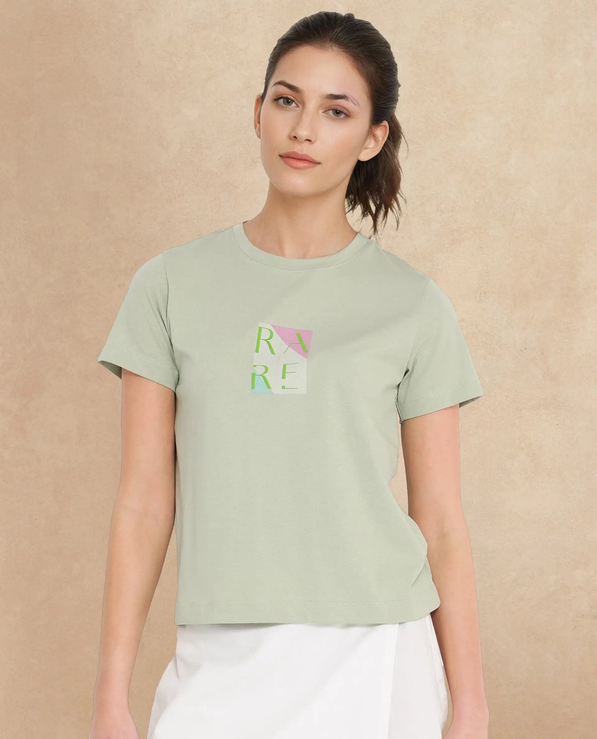 Rareism Women's Hanna Pastel Green Cotton Blend Crew Neck Graphic Print Regular Fit T-Shirt - Image 2