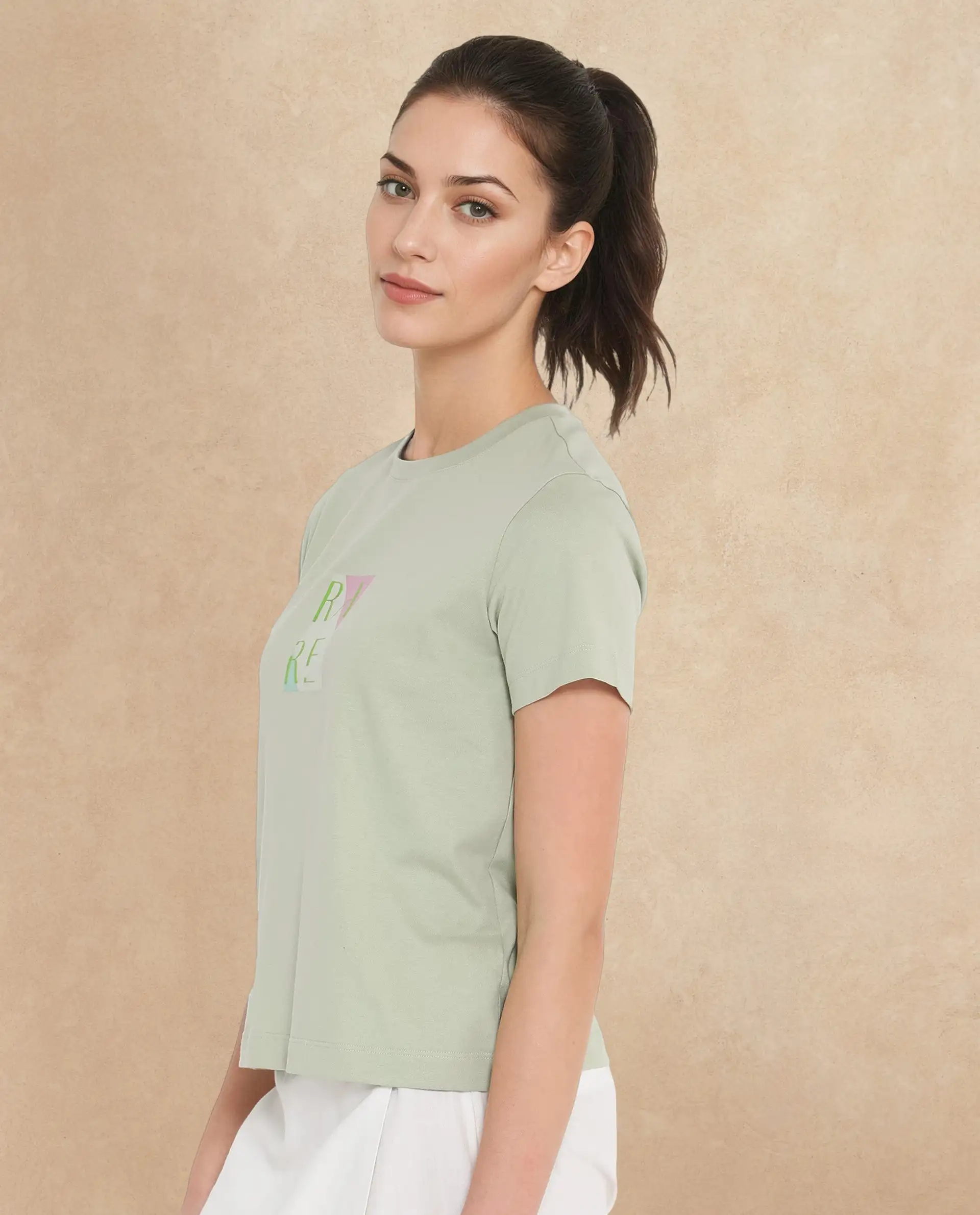 Rareism Women's Hanna Pastel Green Cotton Blend Crew Neck Graphic Print Regular Fit T-Shirt - Image 3