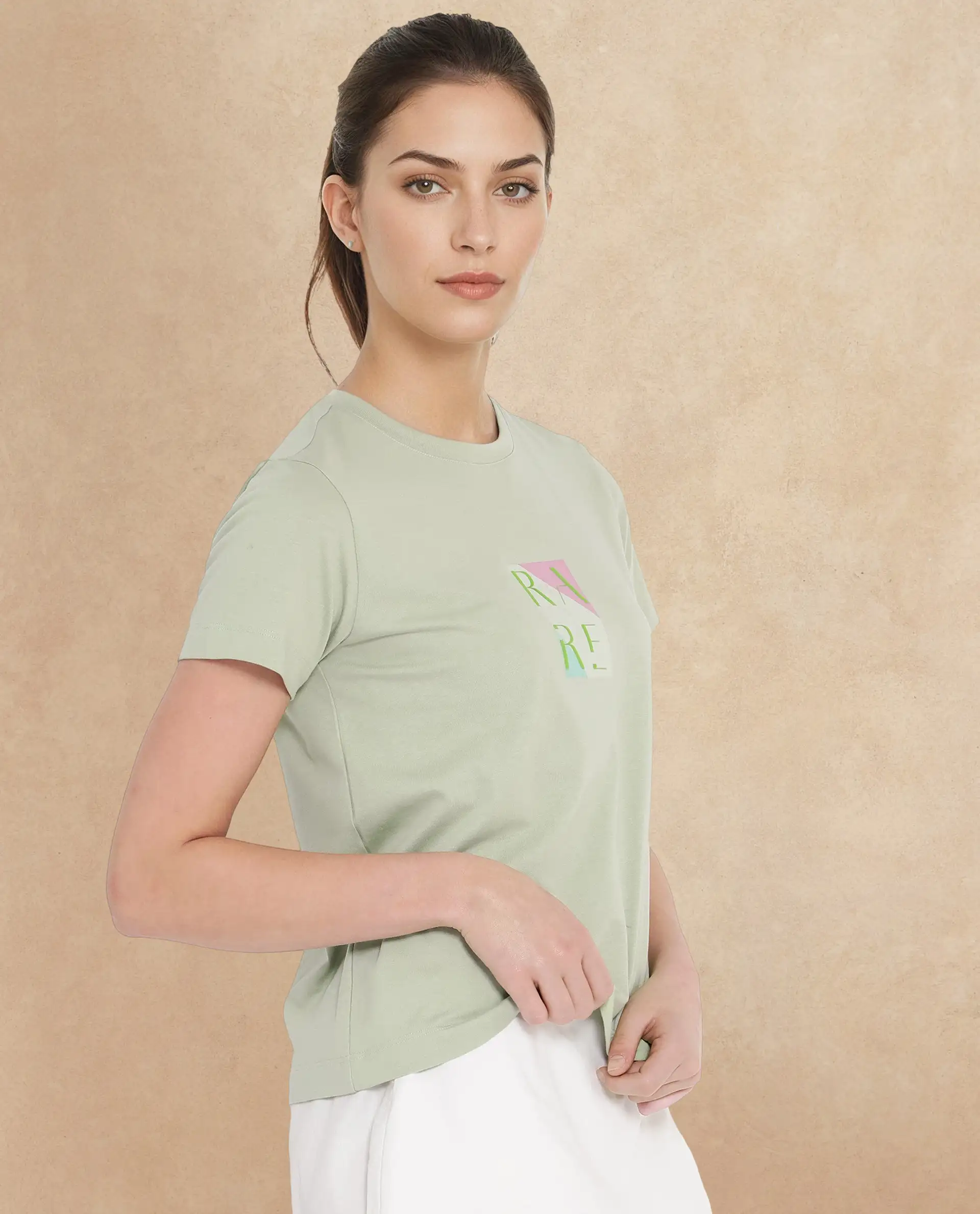 Rareism Women's Hanna Pastel Green Cotton Blend Crew Neck Graphic Print Regular Fit T-Shirt - Image 4