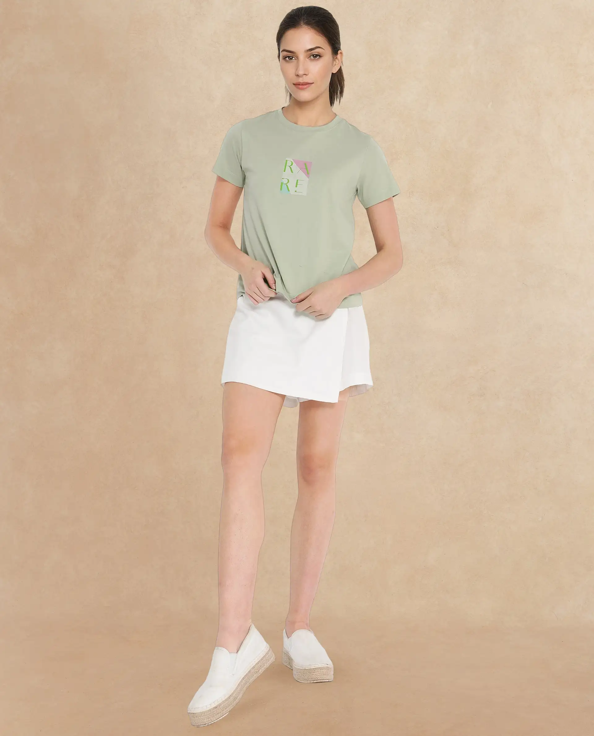 Rareism Women's Hanna Pastel Green Cotton Blend Crew Neck Graphic Print Regular Fit T-Shirt - Image 5