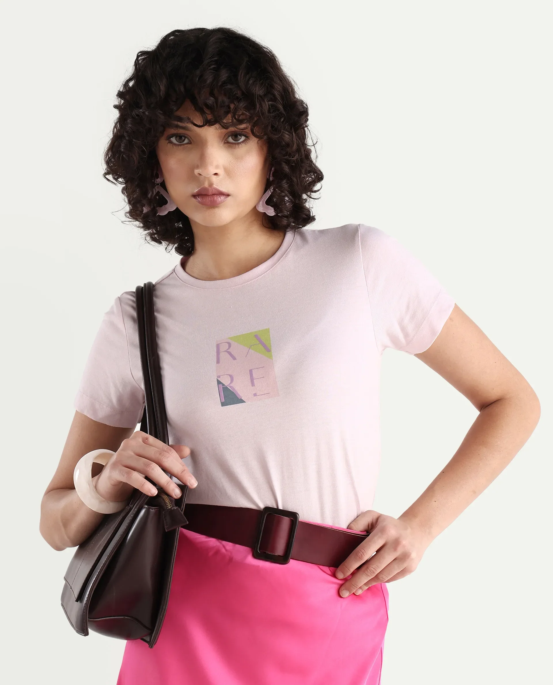 Rareism Women's Hanna Pastel Pink Cotton Blend Crew Neck Graphic Print Regular Fit T-Shirt