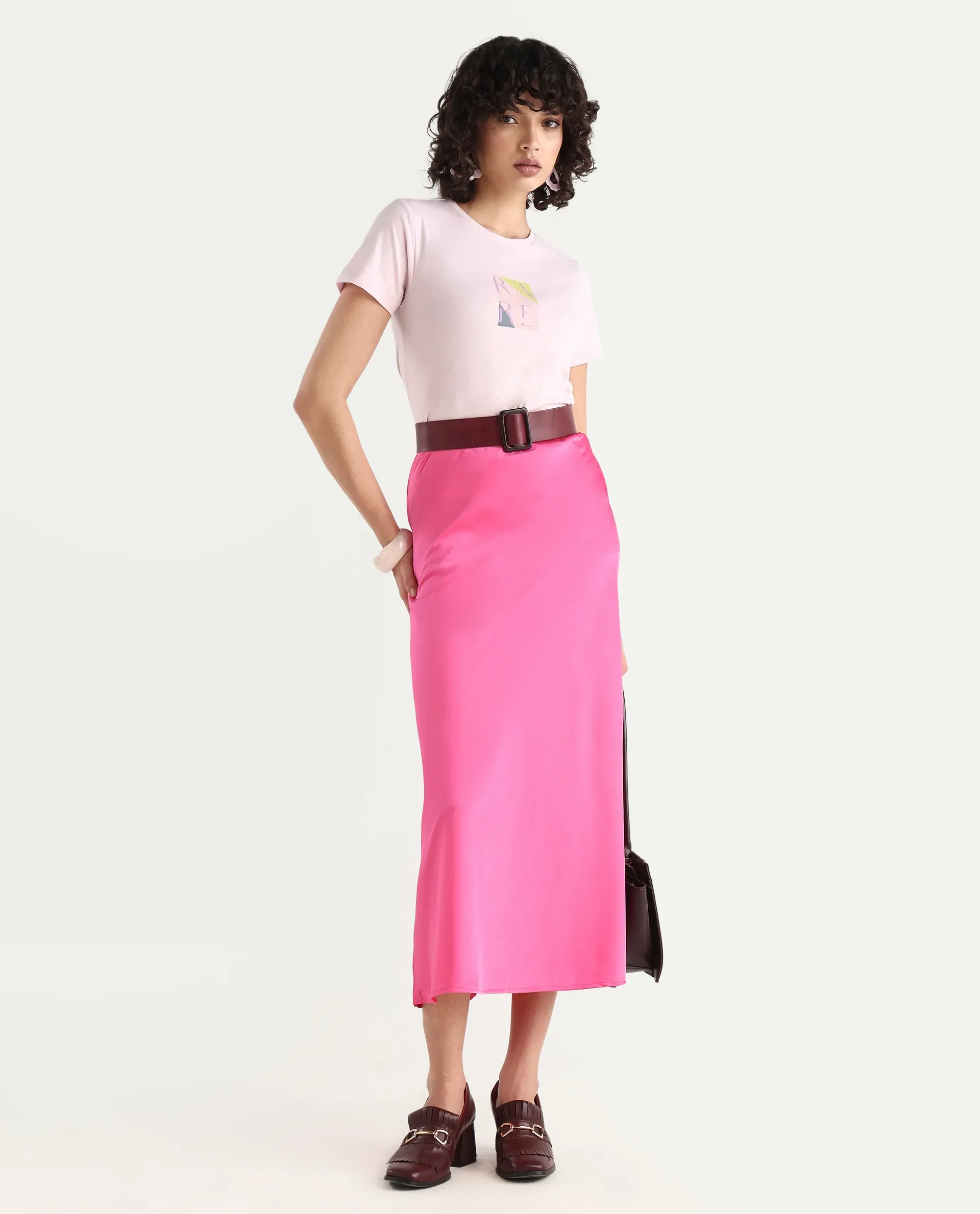 Rareism Women's Hanna Pastel Pink Cotton Blend Crew Neck Graphic Print Regular Fit T-Shirt - Image 2