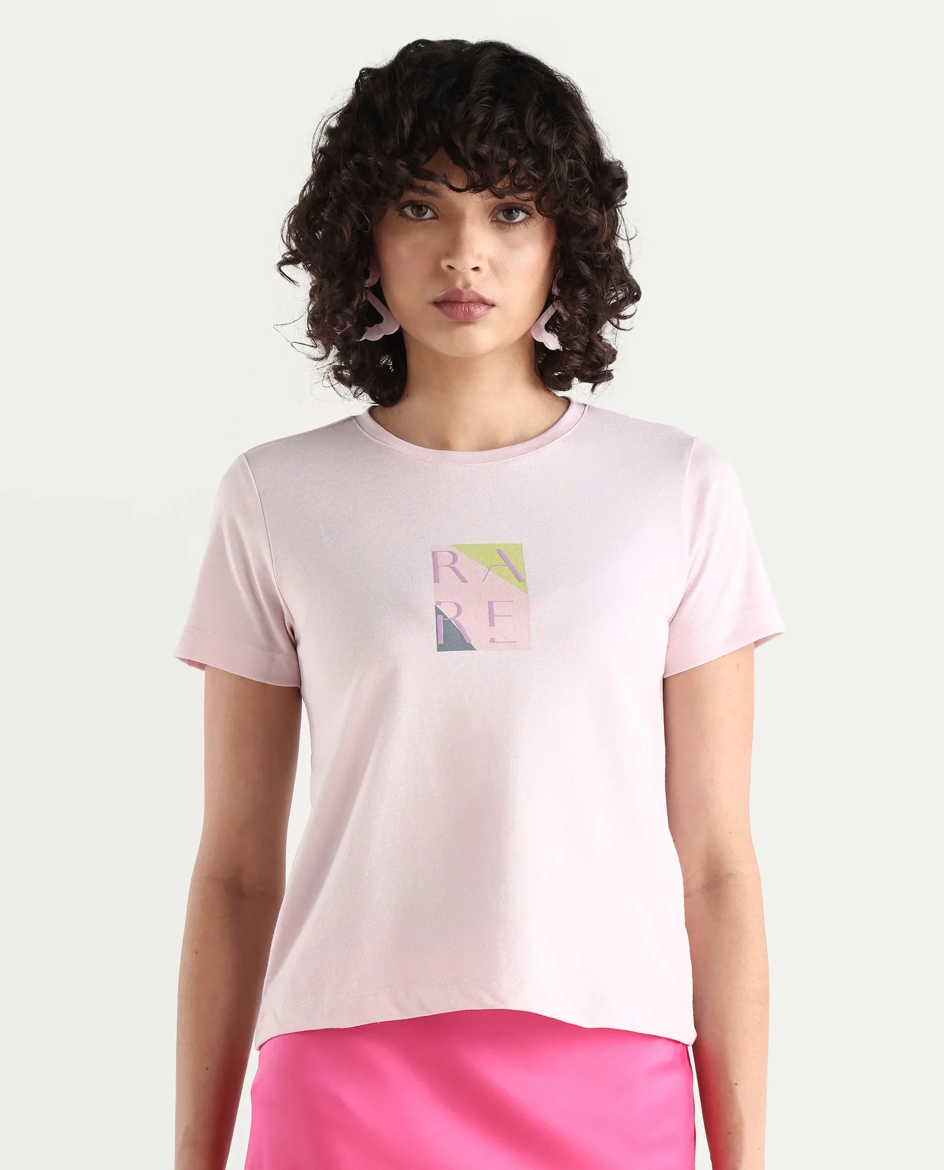Rareism Women's Hanna Pastel Pink Cotton Blend Crew Neck Graphic Print Regular Fit T-Shirt - Image 3