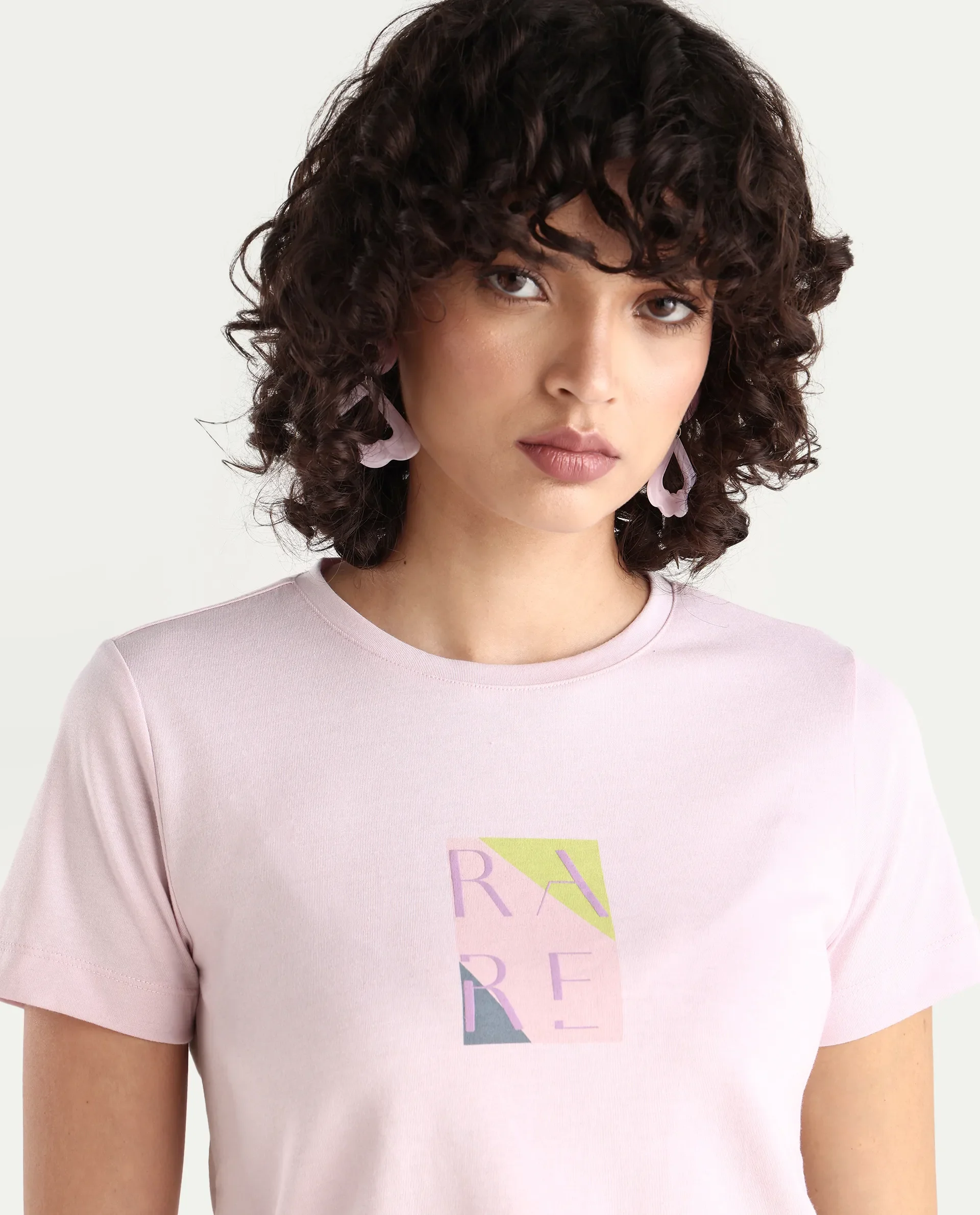 Rareism Women's Hanna Pastel Pink Cotton Blend Crew Neck Graphic Print Regular Fit T-Shirt - Image 4