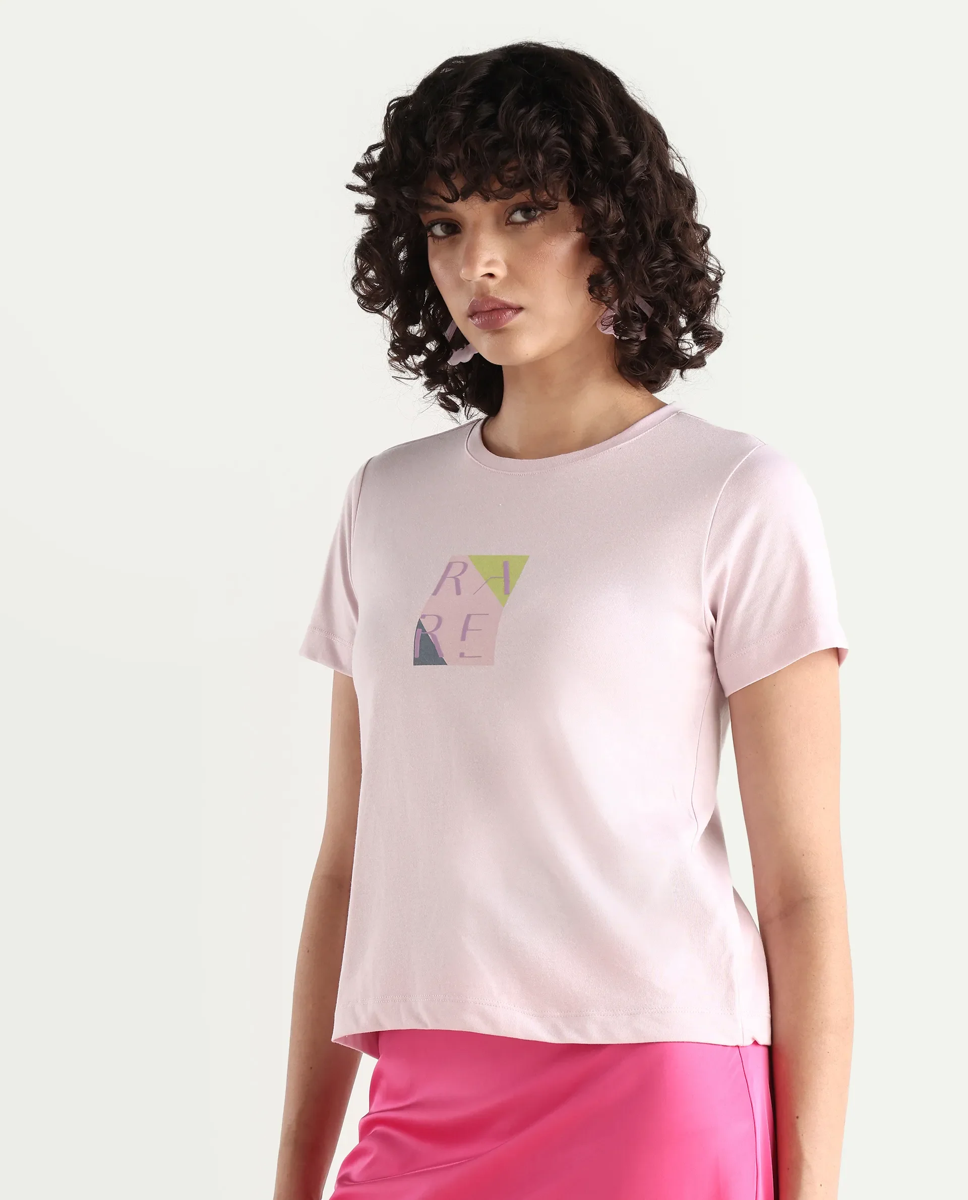 Rareism Women's Hanna Pastel Pink Cotton Blend Crew Neck Graphic Print Regular Fit T-Shirt - Image 5