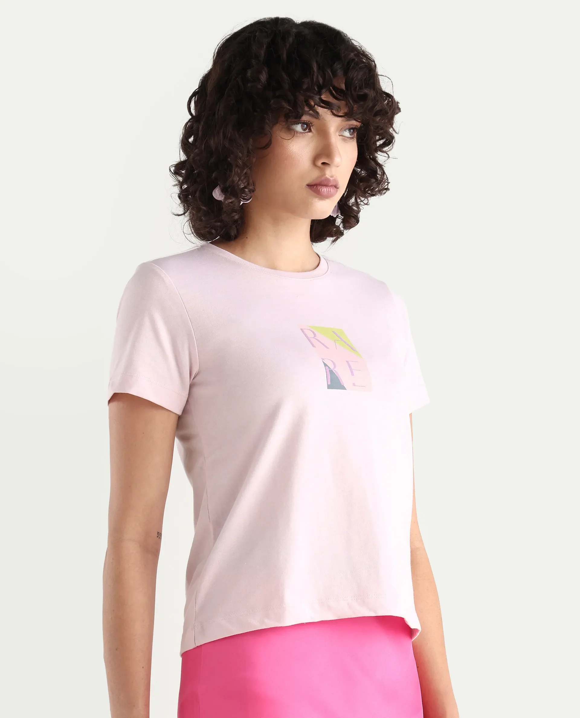 Rareism Women's Hanna Pastel Pink Cotton Blend Crew Neck Graphic Print Regular Fit T-Shirt - Image 6
