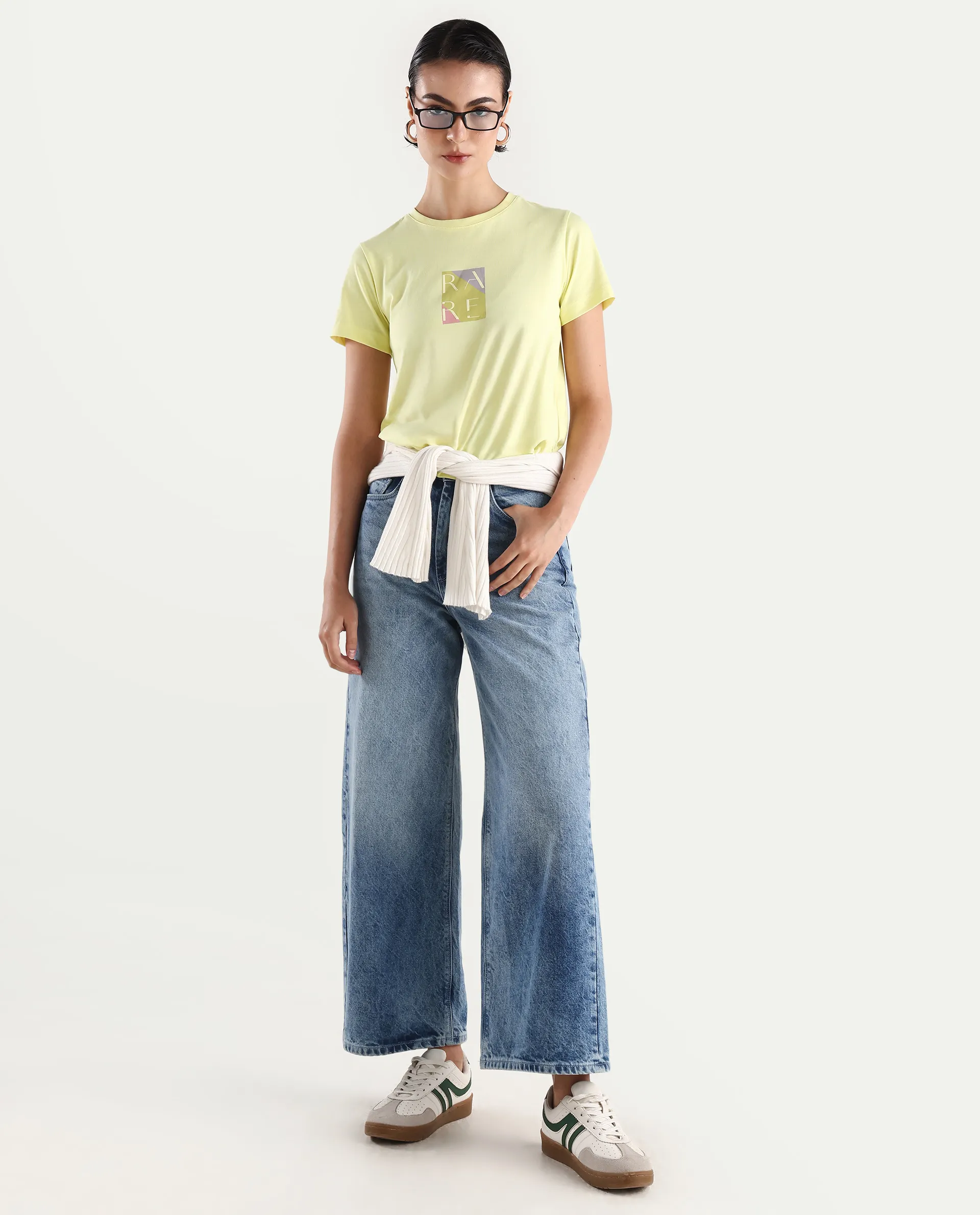 Rareism Women's Hanna Yellow Cotton Blend Crew Neck Graphic Print Regular Fit T-Shirt - Image 2