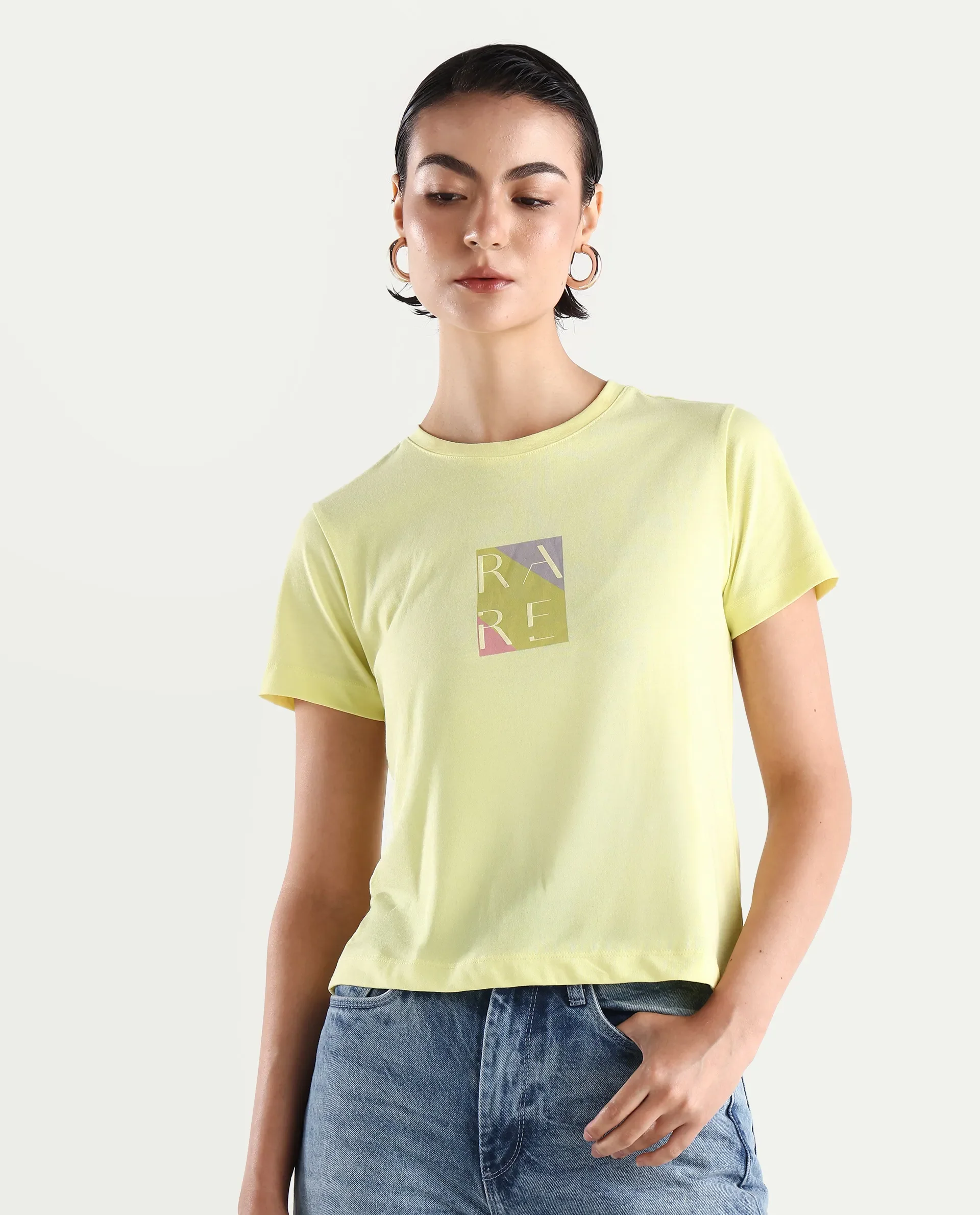 Rareism Women's Hanna Yellow Cotton Blend Crew Neck Graphic Print Regular Fit T-Shirt - Image 3