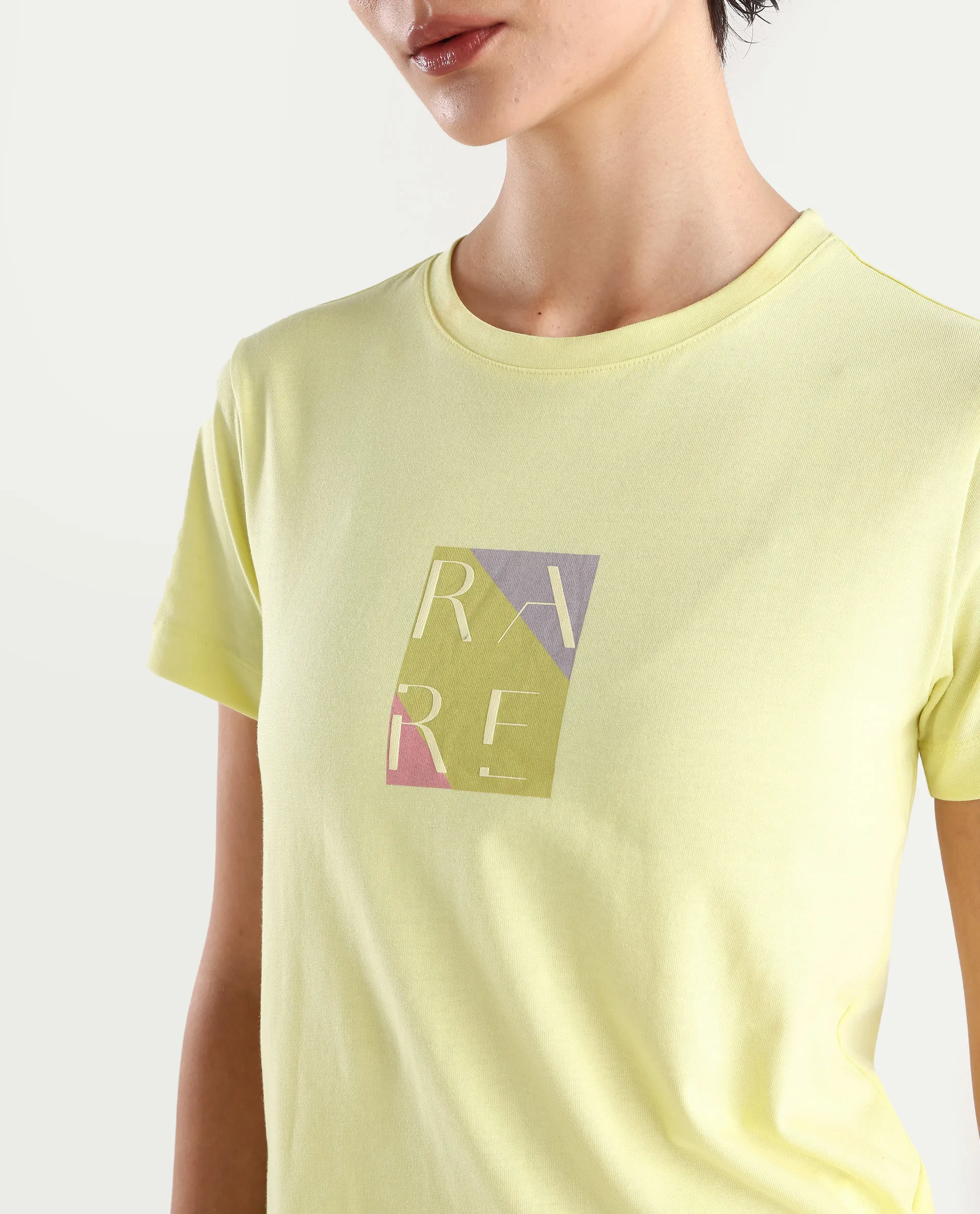 Rareism Women's Hanna Yellow Cotton Blend Crew Neck Graphic Print Regular Fit T-Shirt - Image 4