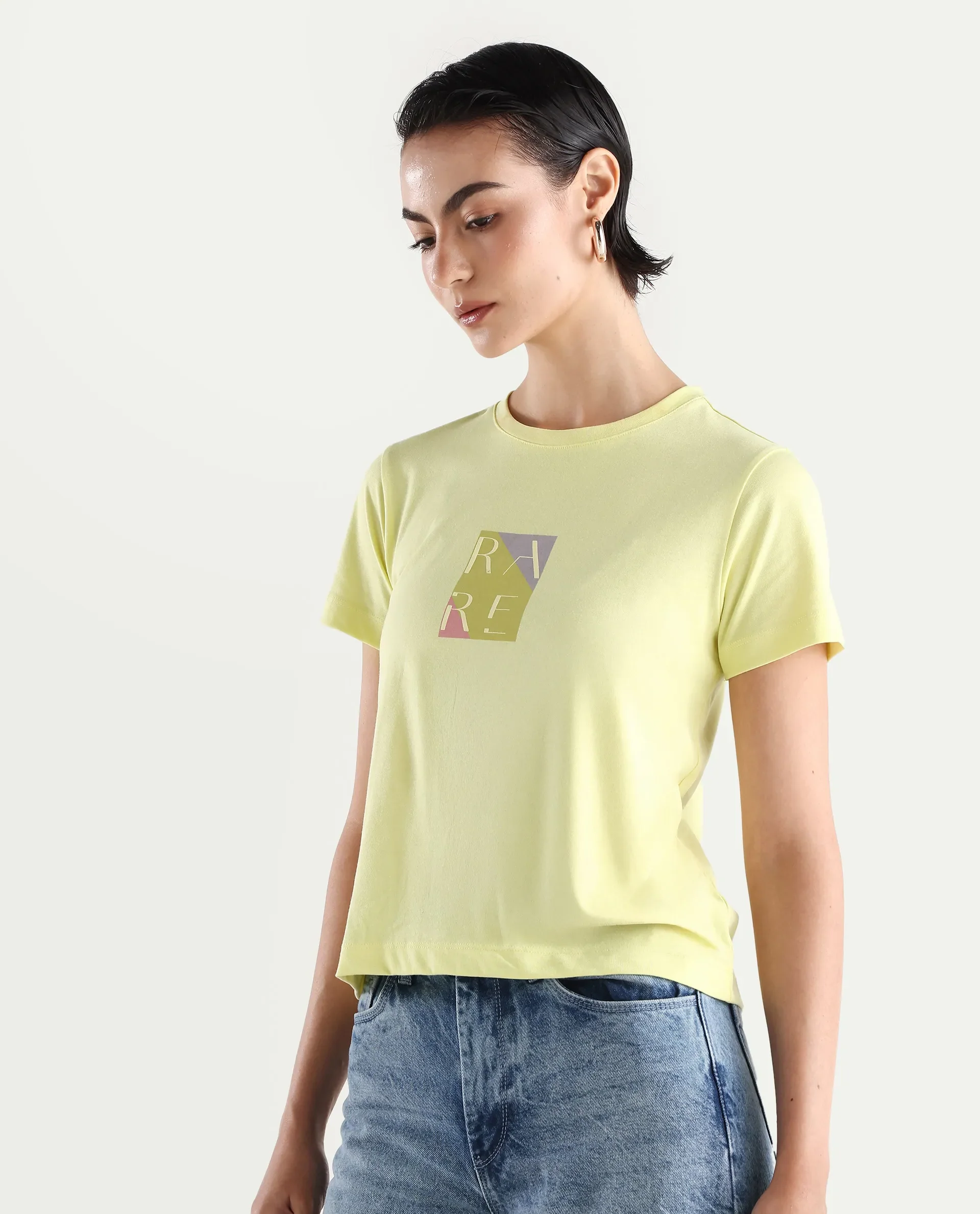 Rareism Women's Hanna Yellow Cotton Blend Crew Neck Graphic Print Regular Fit T-Shirt - Image 5