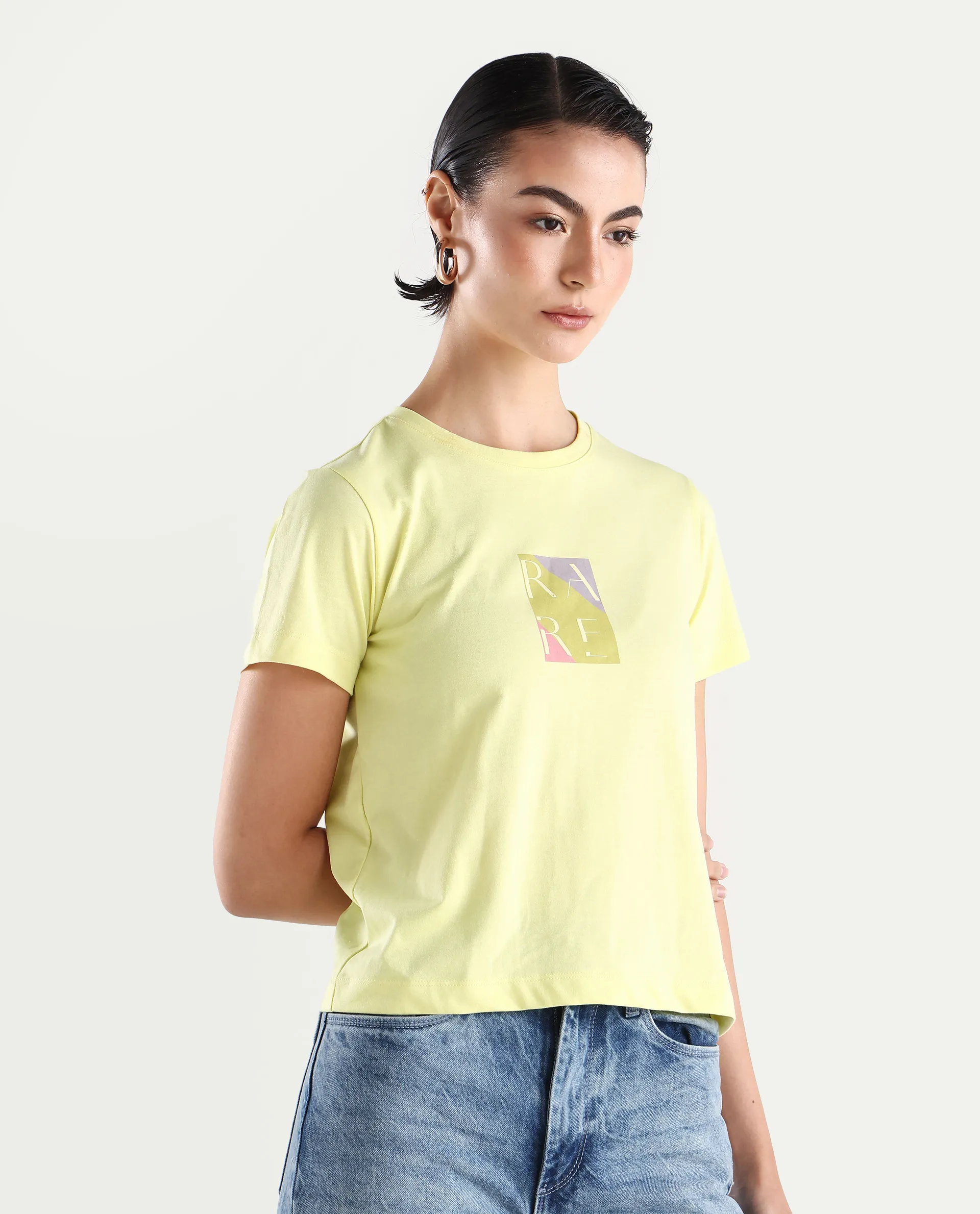Rareism Women's Hanna Yellow Cotton Blend Crew Neck Graphic Print Regular Fit T-Shirt - Image 6