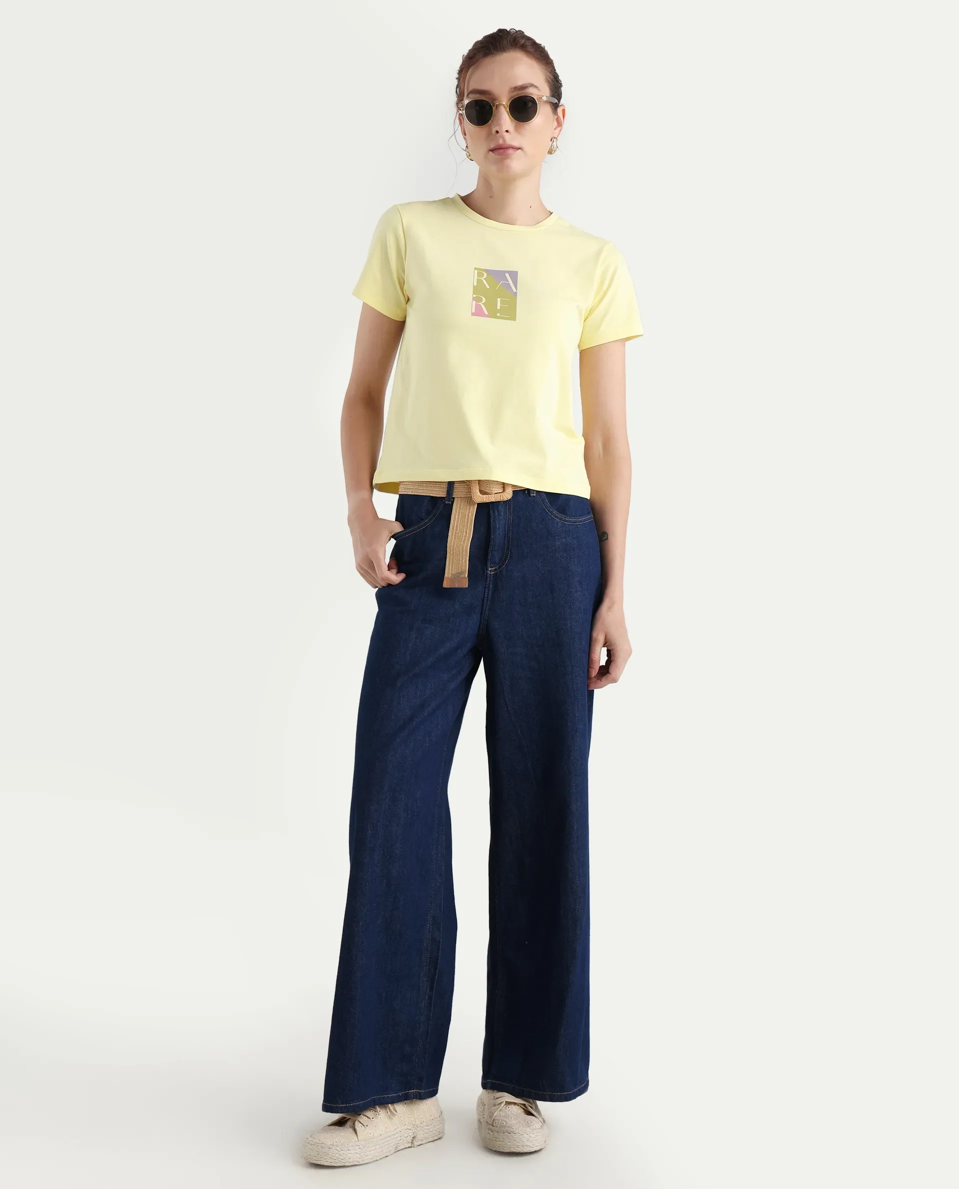 Rareism Women's Hanna 1 Yellow Cotton Blend Crew Neck Plain Regular Fit T-Shirt - Image 2