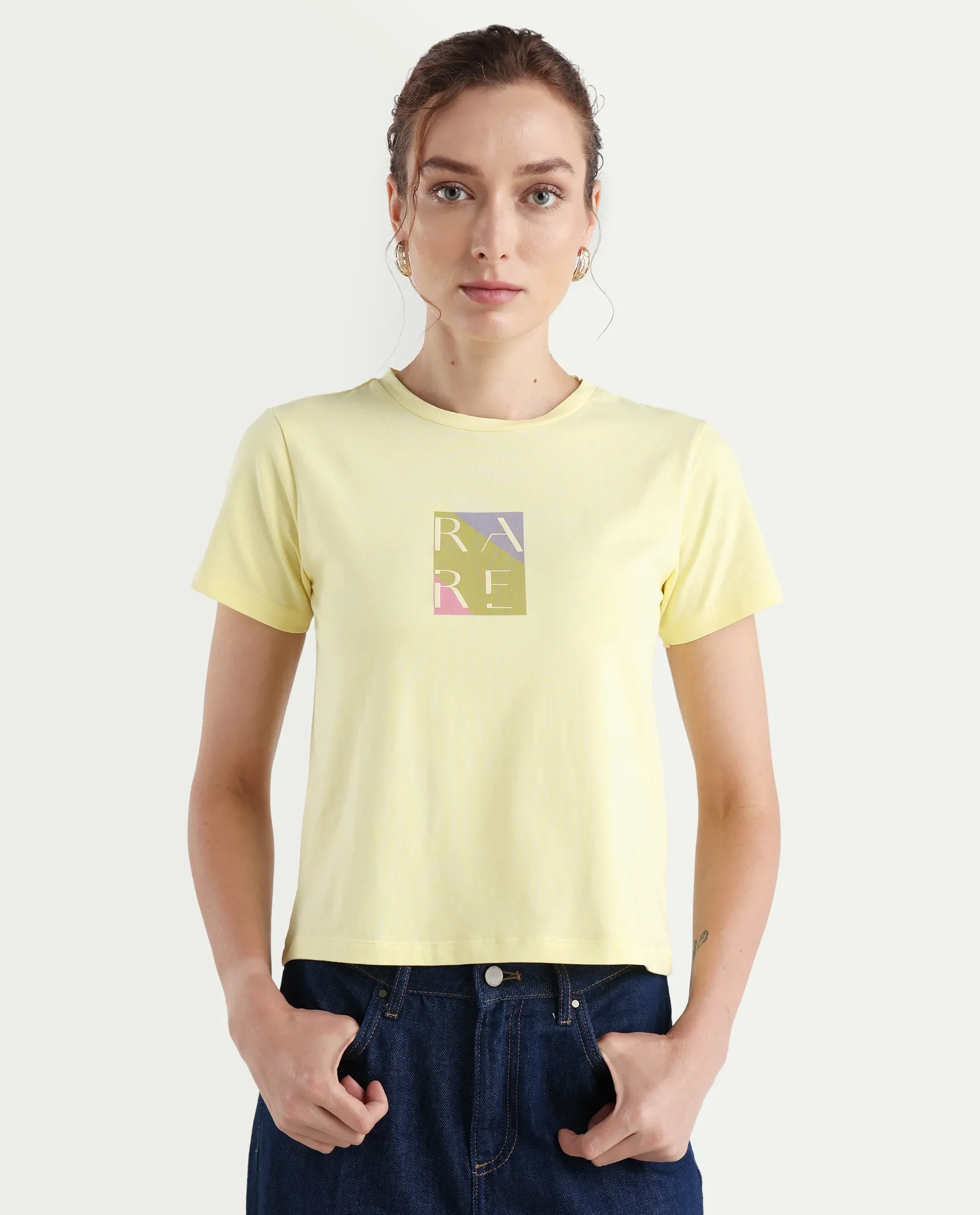 Rareism Women's Hanna 1 Yellow Cotton Blend Crew Neck Plain Regular Fit T-Shirt - Image 3