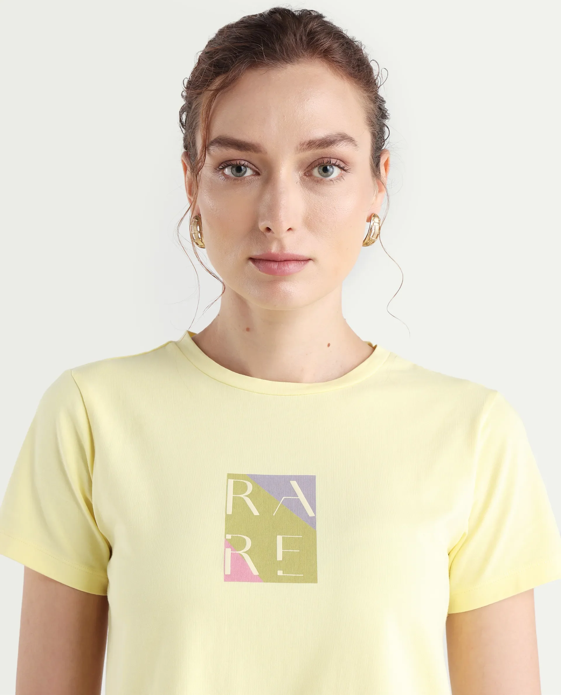 Rareism Women's Hanna 1 Yellow Cotton Blend Crew Neck Plain Regular Fit T-Shirt - Image 4