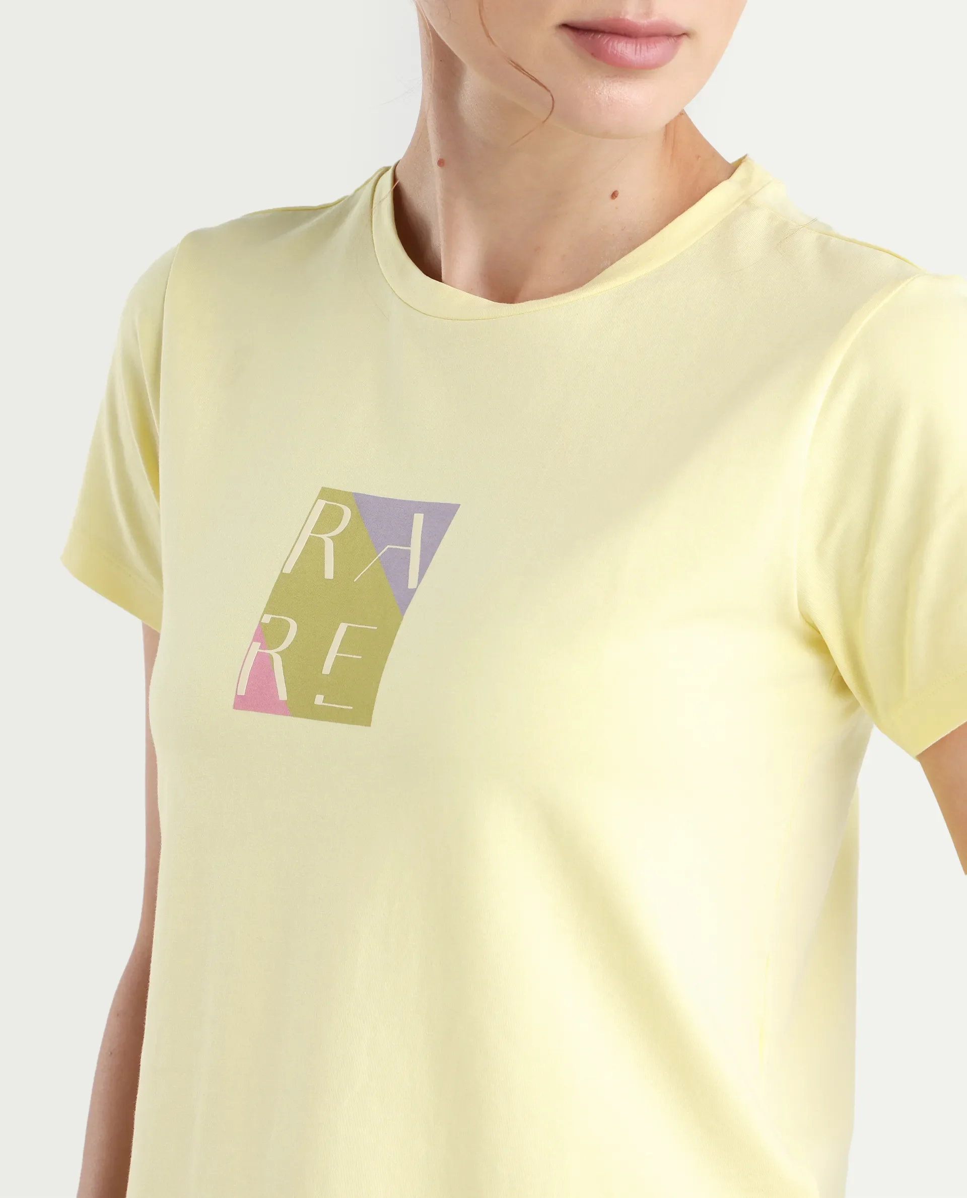 Rareism Women's Hanna 1 Yellow Cotton Blend Crew Neck Plain Regular Fit T-Shirt - Image 5